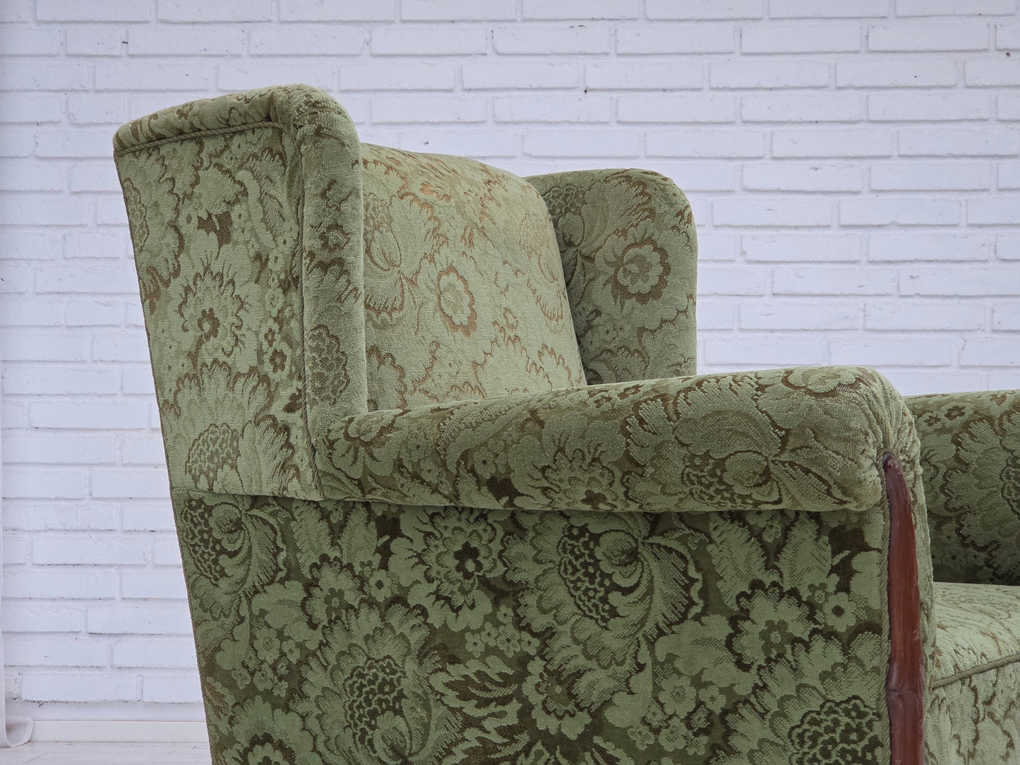 1950s, Danish relax armchair, green furniture velour, carved oak wood.