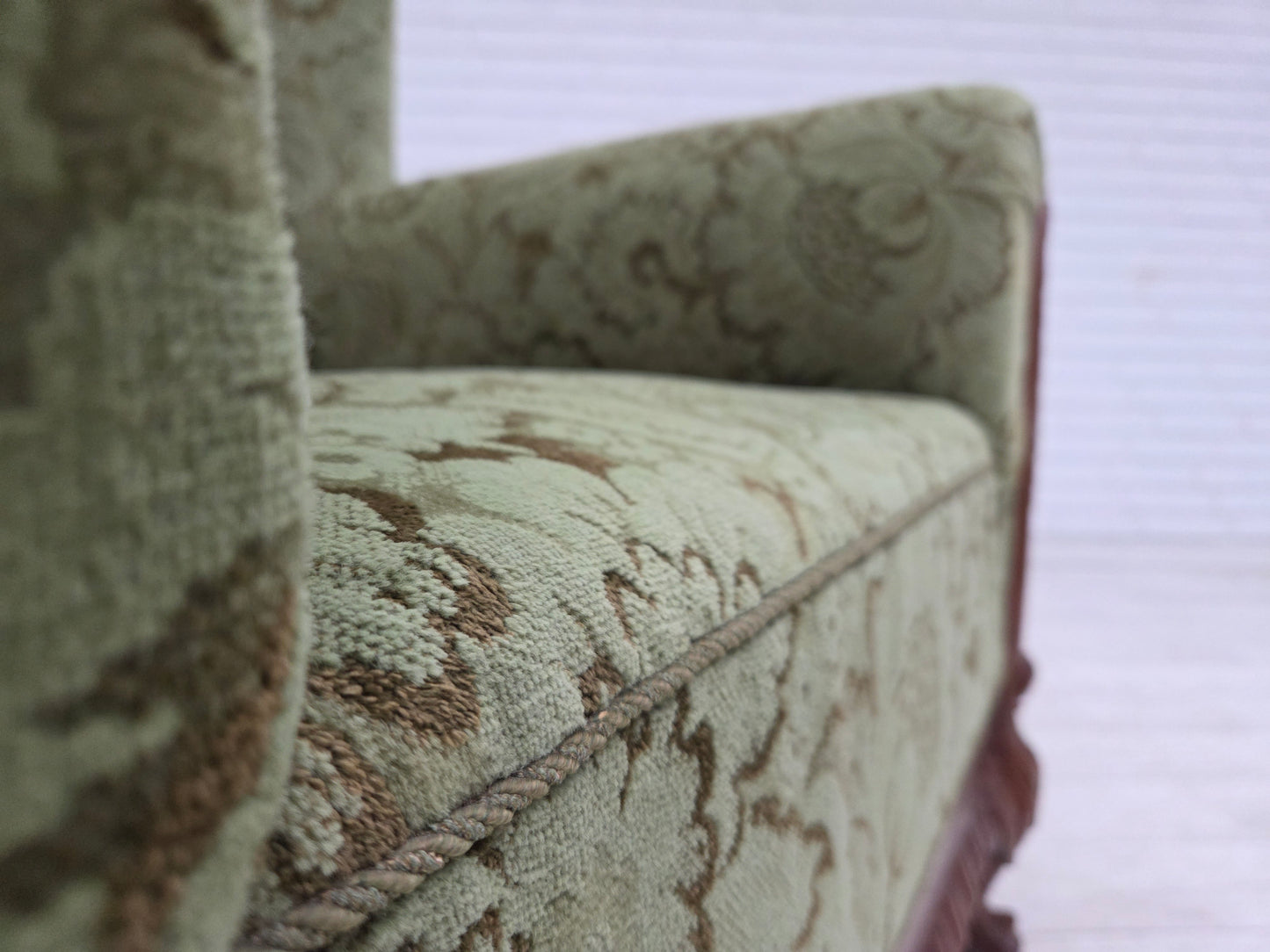 1950s, Danish relax armchair, green furniture velour, carved oak wood.