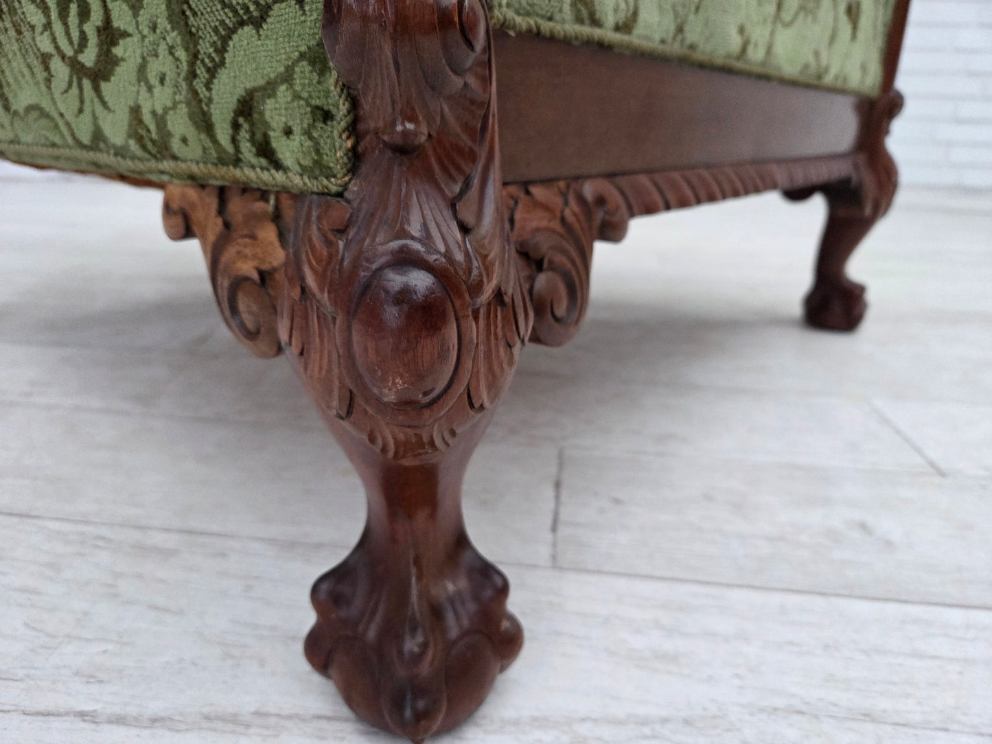 1950s, Danish relax armchair, green furniture velour, carved oak wood.