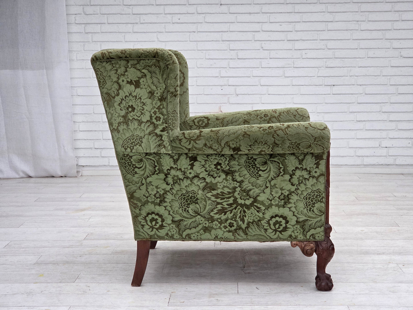 1950s, Danish relax armchair, green furniture velour, carved oak wood.