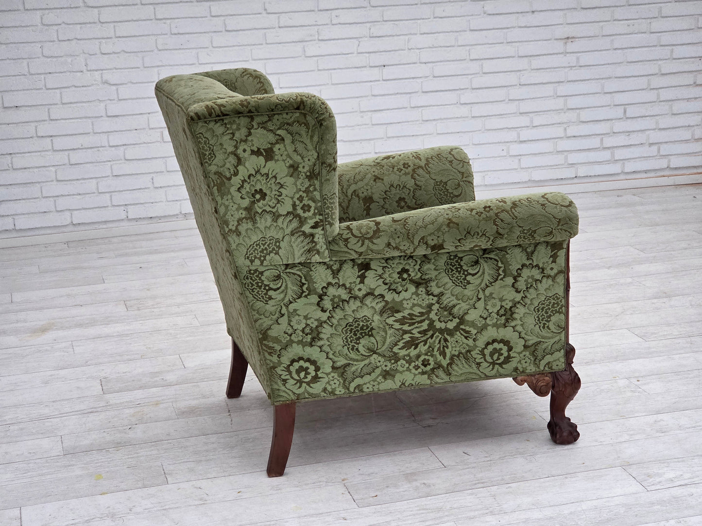 1950s, Danish relax armchair, green furniture velour, carved oak wood.