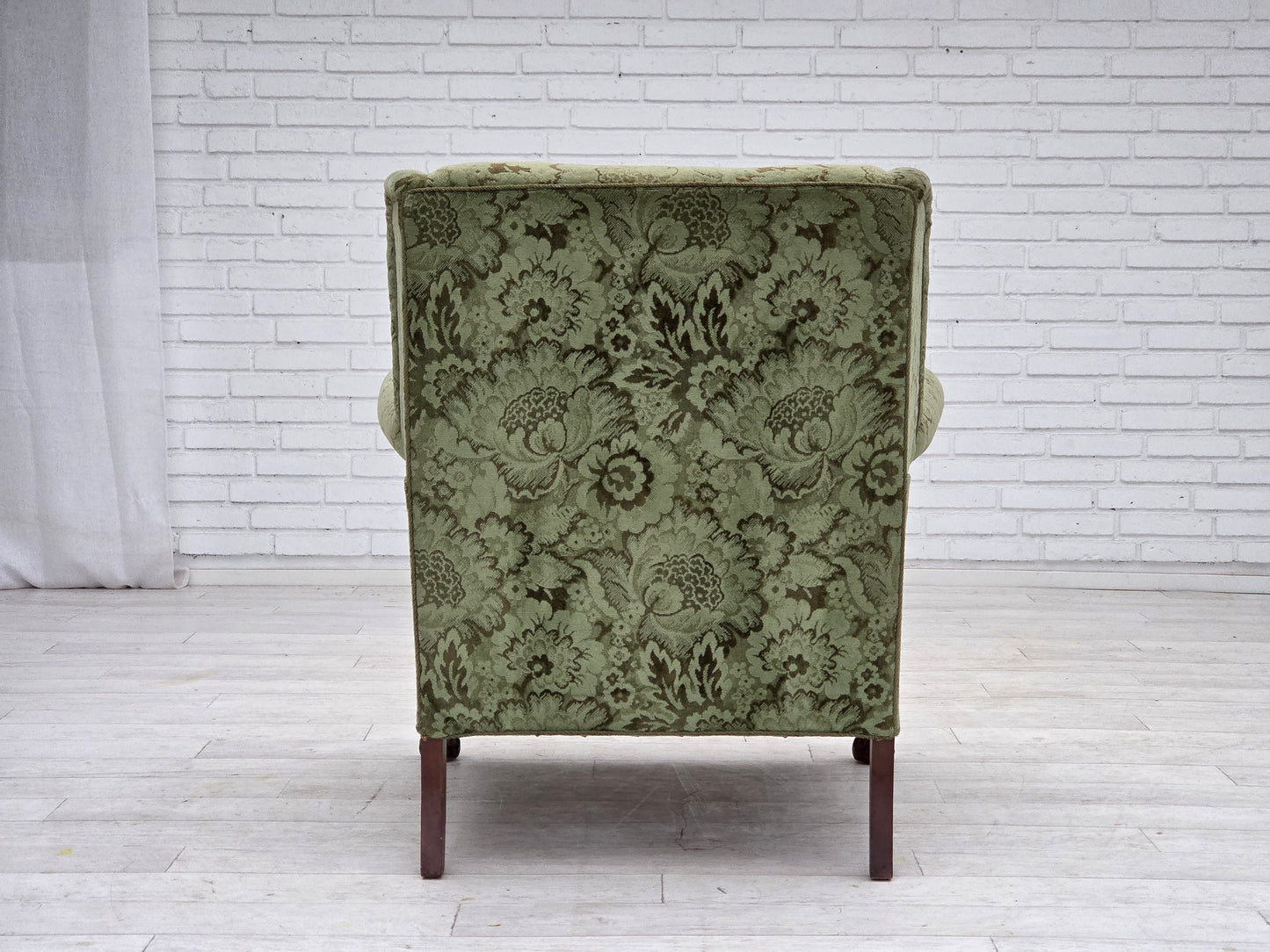 1950s, Danish relax armchair, green furniture velour, carved oak wood.