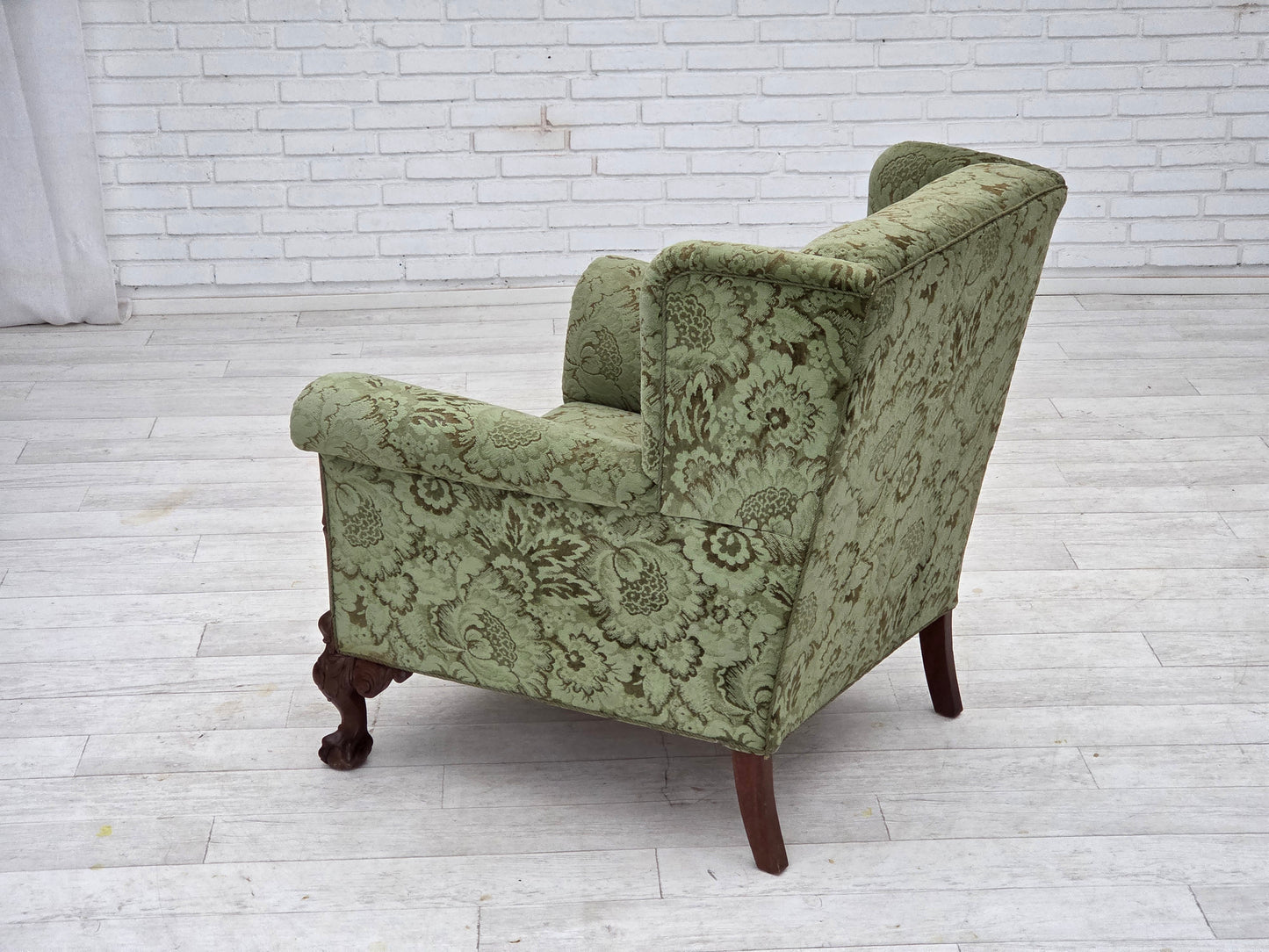 1950s, Danish relax armchair, green furniture velour, carved oak wood.