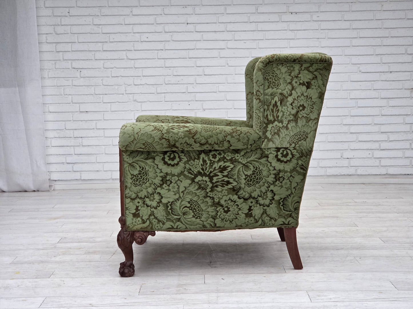 1950s, Danish relax armchair, green furniture velour, carved oak wood.