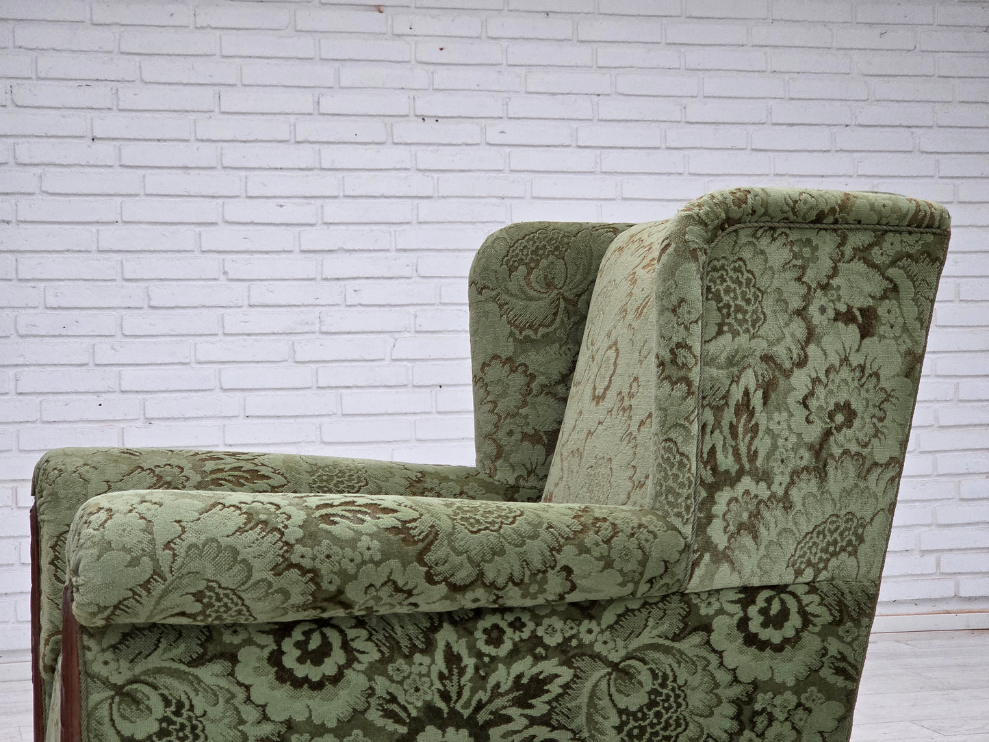 1950s, Danish relax armchair, green furniture velour, carved oak wood.