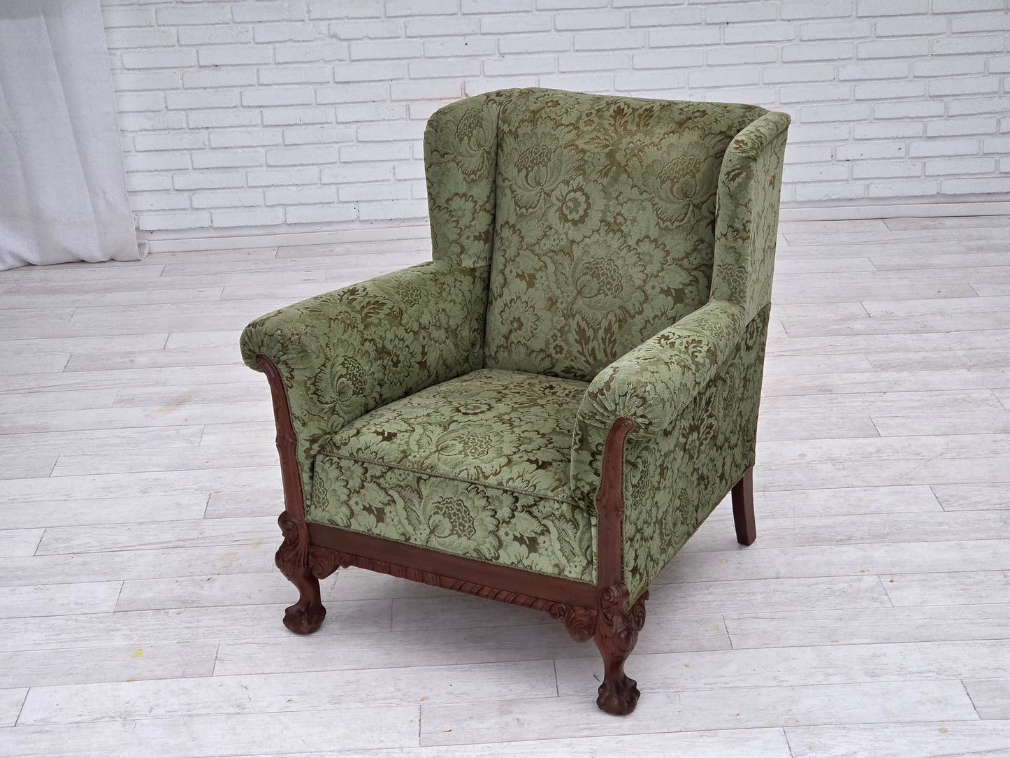 1950s, Danish relax armchair, green furniture velour, carved oak wood.