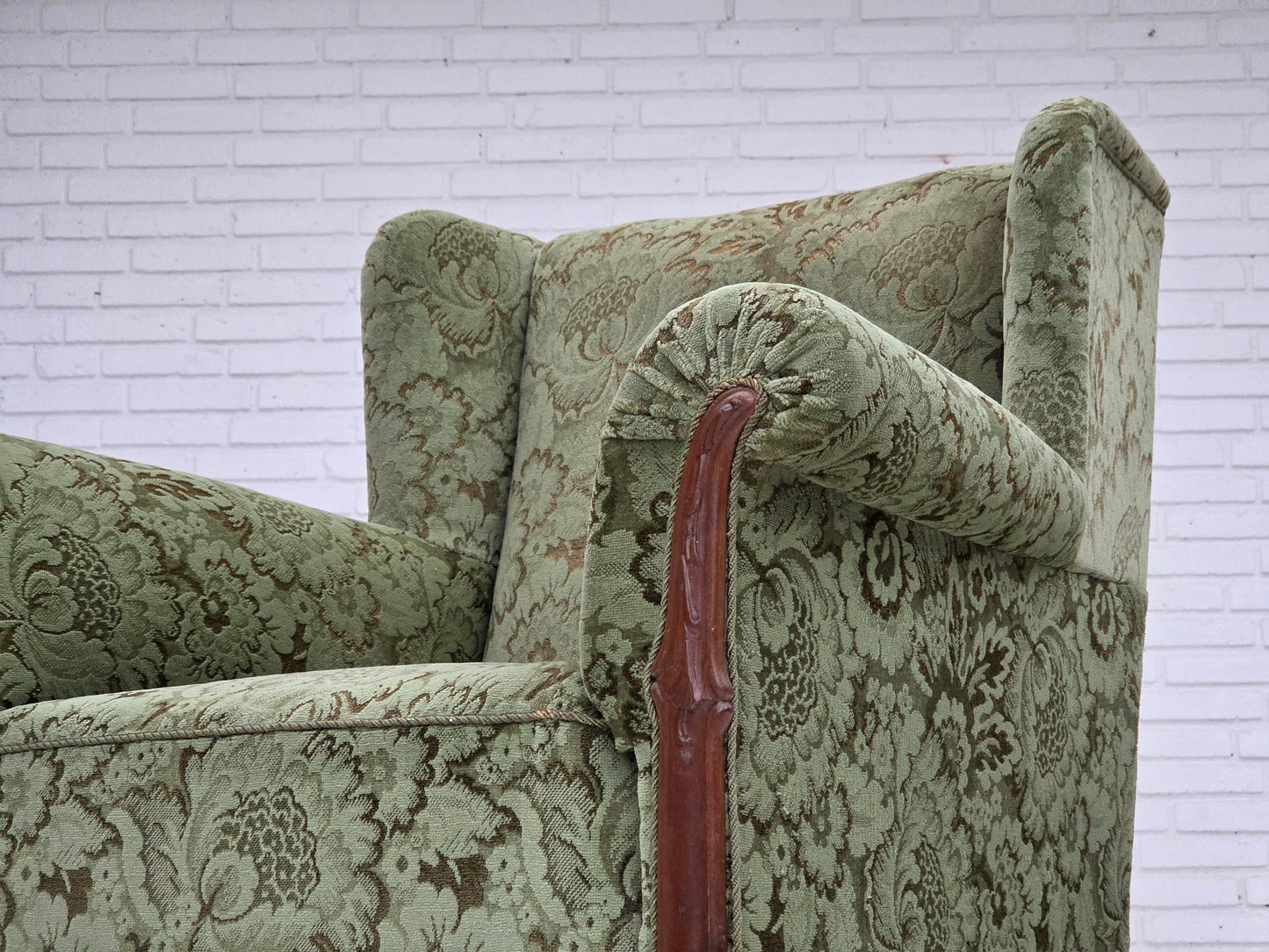 1950s, Danish relax armchair, green furniture velour, carved oak wood.