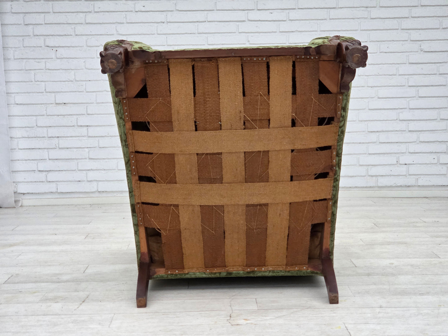 1950s, Danish relax armchair, green furniture velour, carved oak wood.