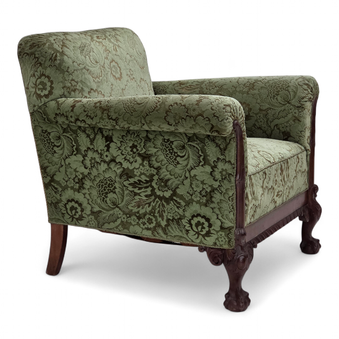1950s, Danish armchair, green furniture velour, carved oak wood.