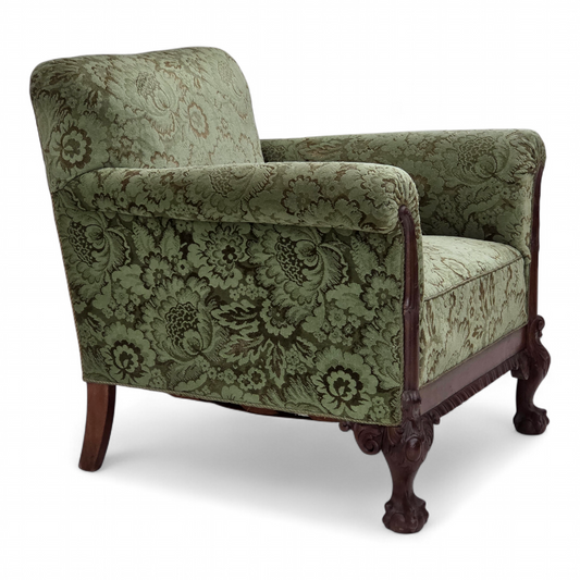 1950s, Danish armchair, green furniture velour, carved oak wood.