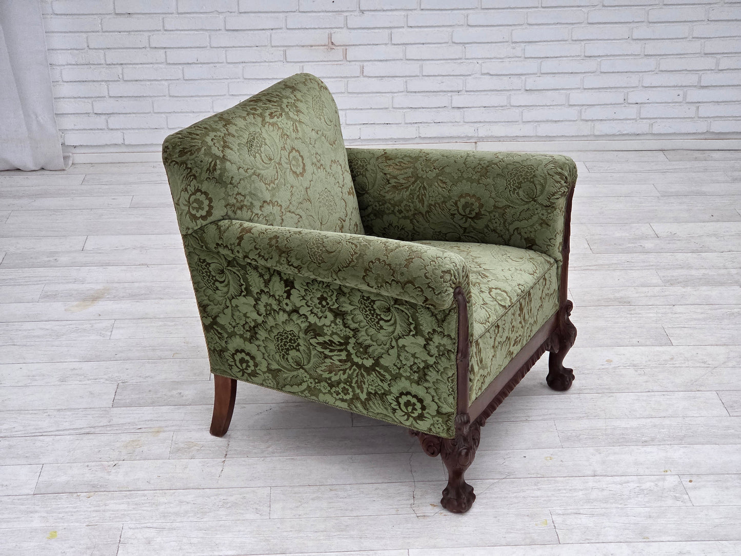 1950s, Danish armchair, green furniture velour, carved oak wood.