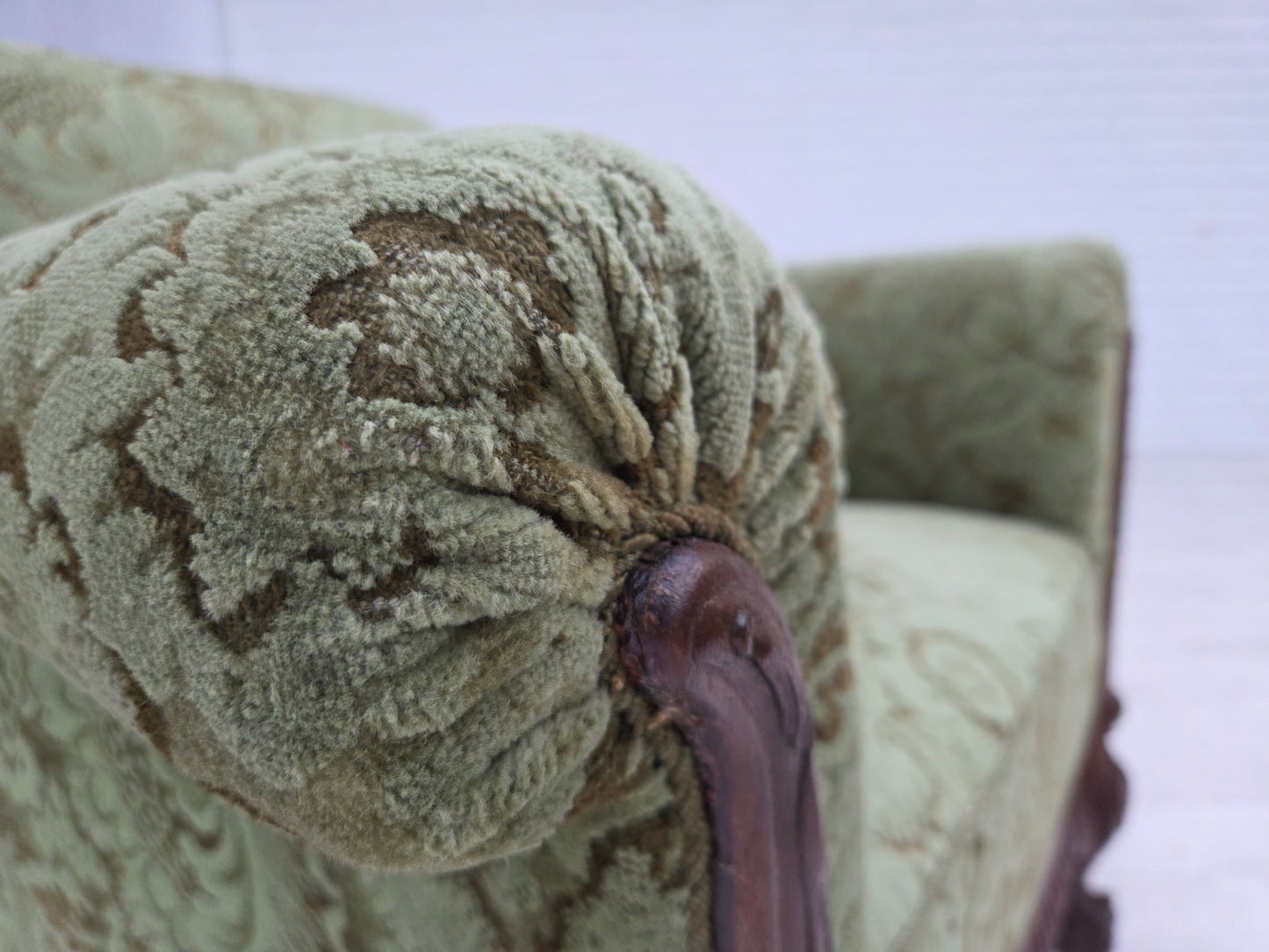 1950s, Danish armchair, green furniture velour, carved oak wood.