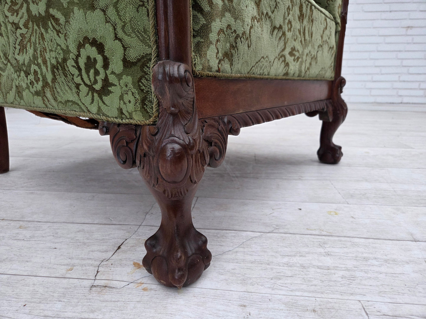 1950s, Danish armchair, green furniture velour, carved oak wood.