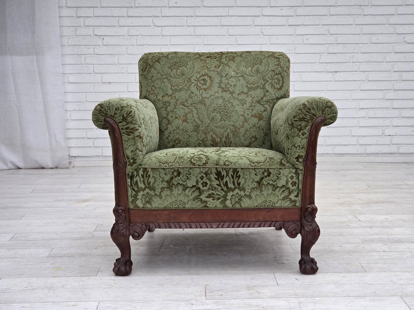 1950s, Danish armchair, green furniture velour, carved oak wood.