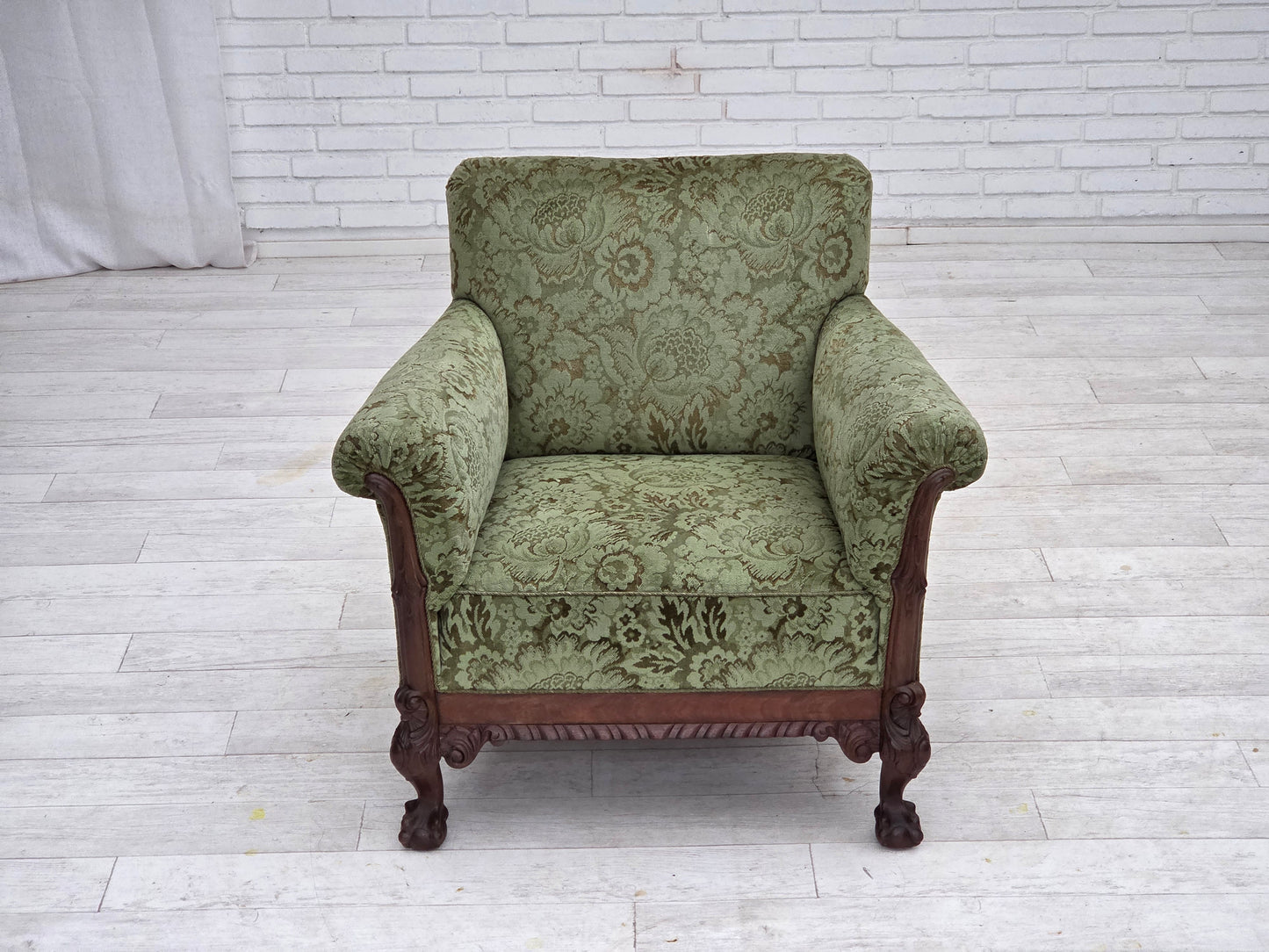 1950s, Danish armchair, green furniture velour, carved oak wood.