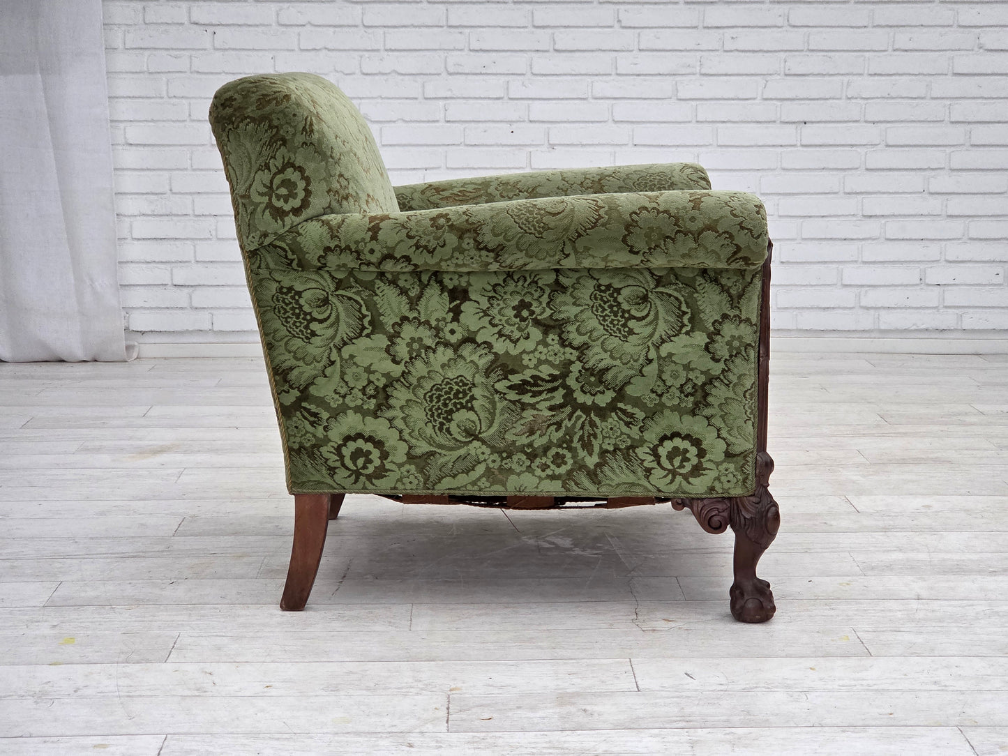 1950s, Danish armchair, green furniture velour, carved oak wood.