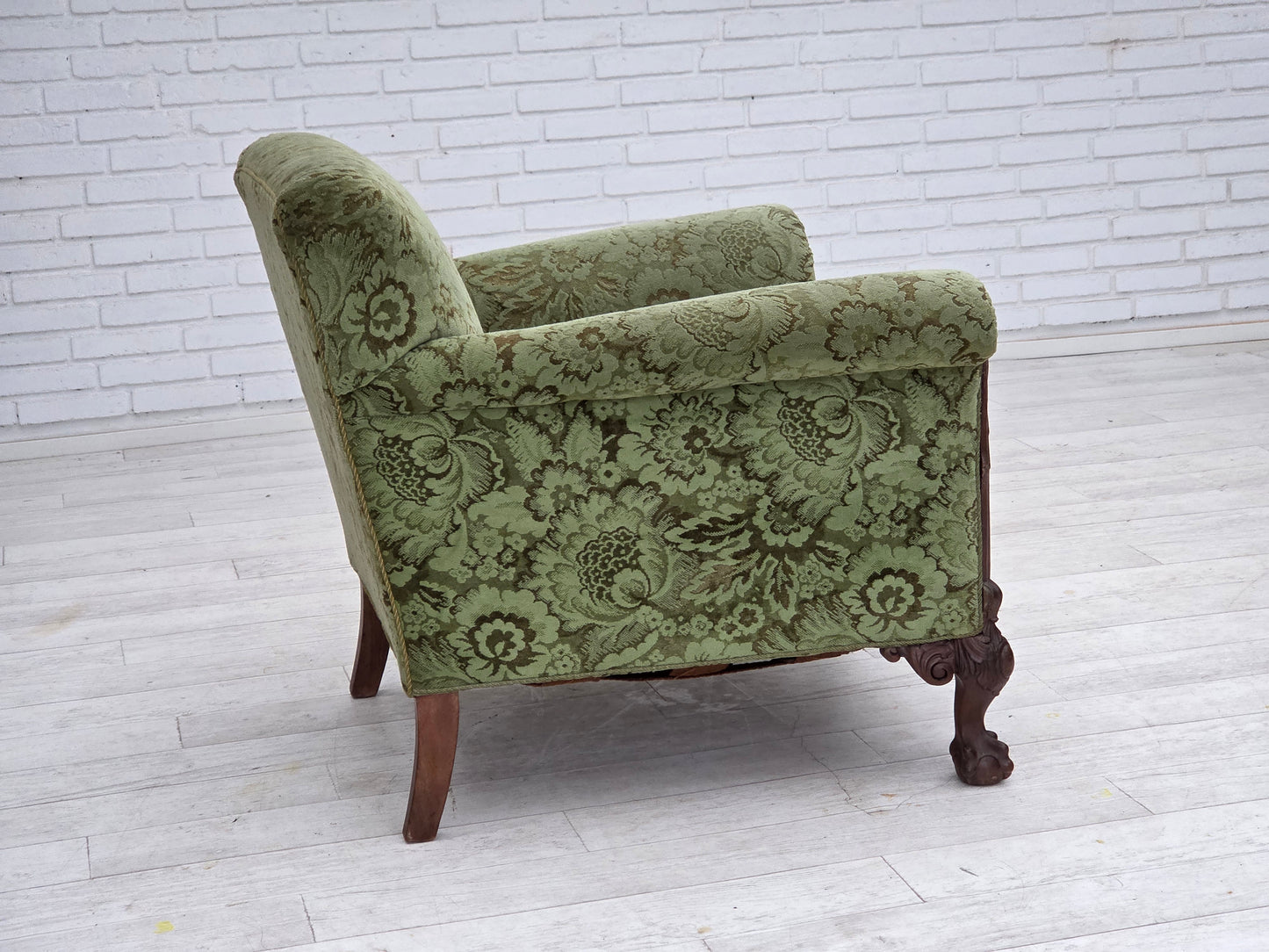 1950s, Danish armchair, green furniture velour, carved oak wood.