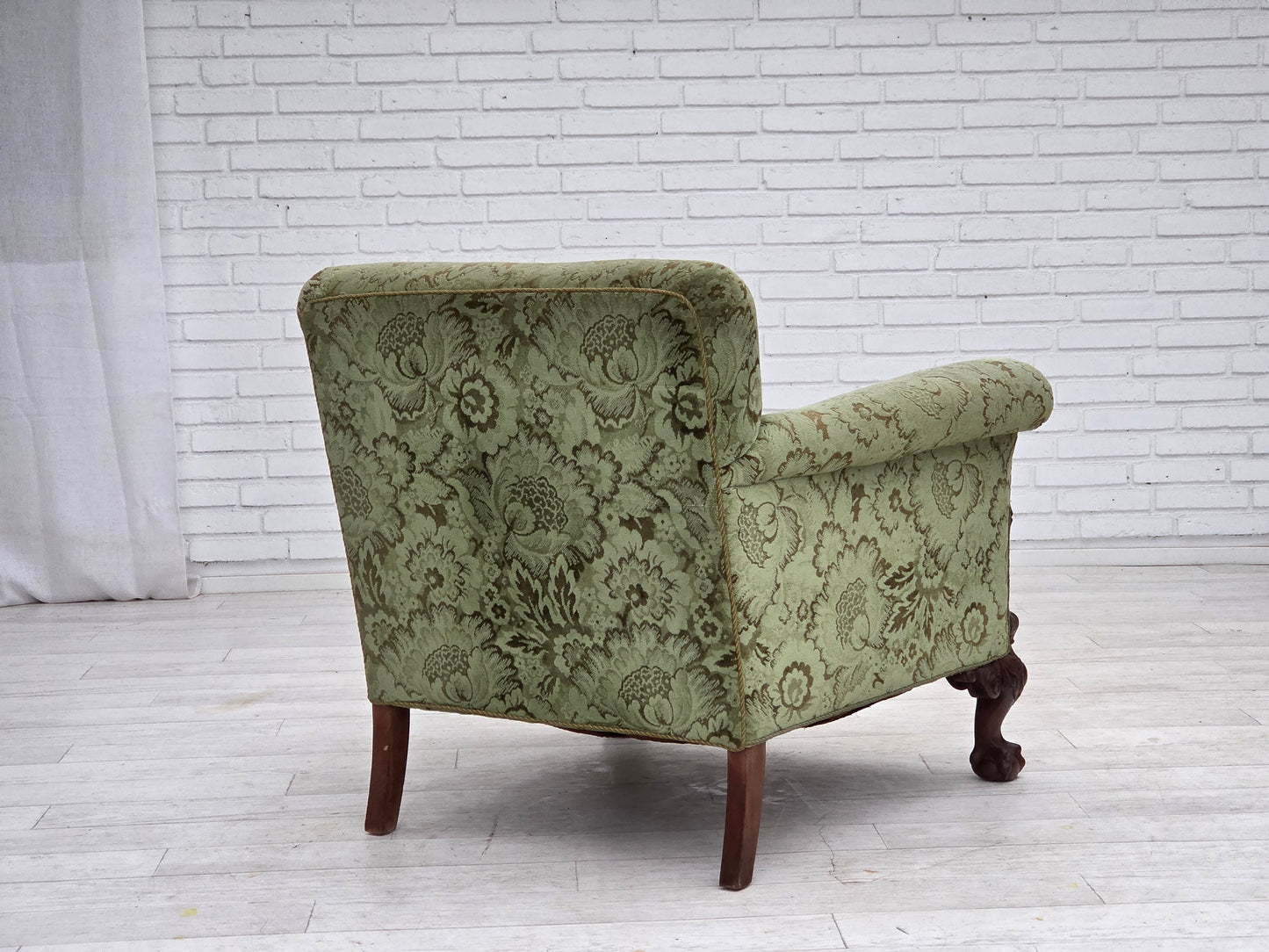 1950s, Danish armchair, green furniture velour, carved oak wood.