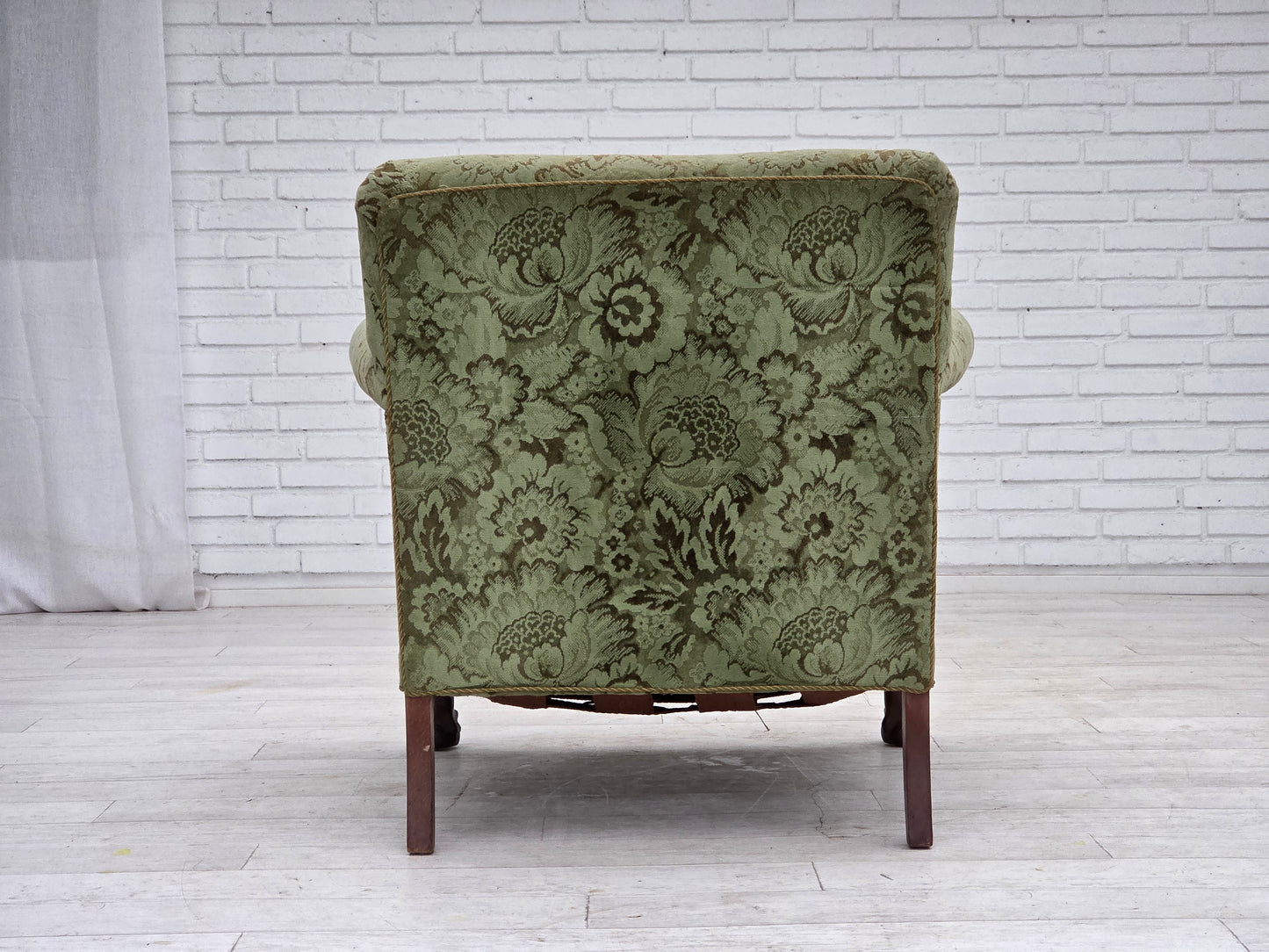 1950s, Danish armchair, green furniture velour, carved oak wood.