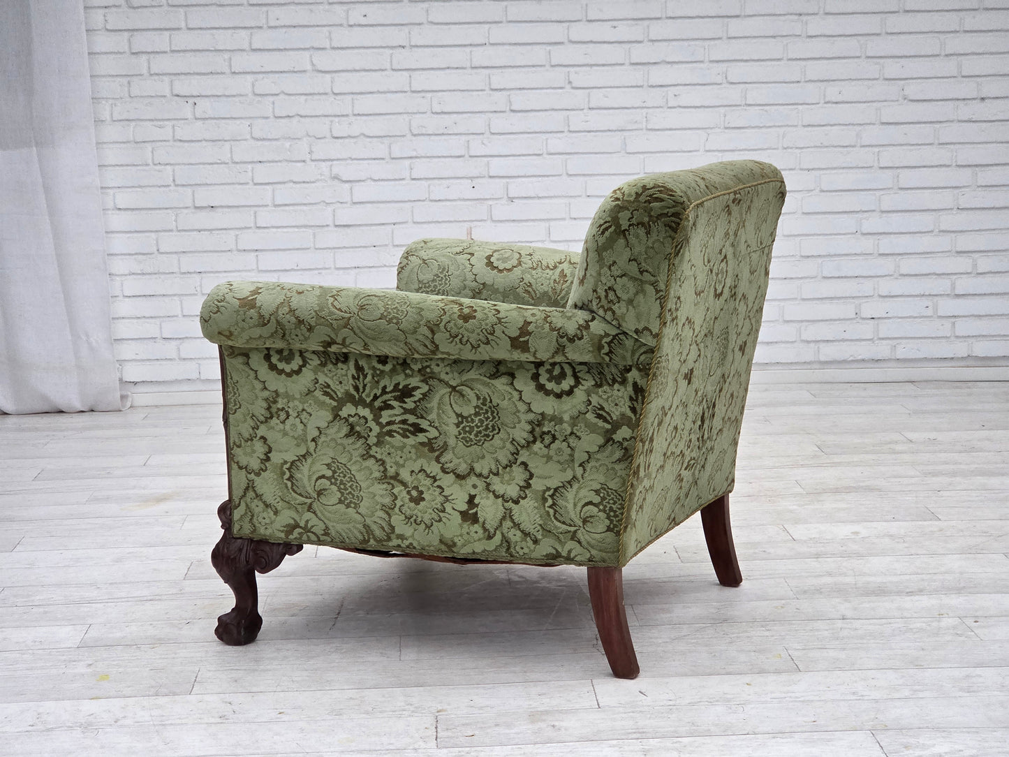 1950s, Danish armchair, green furniture velour, carved oak wood.