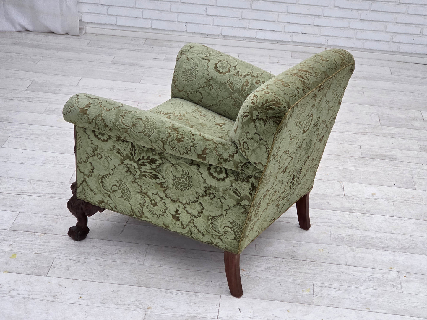 1950s, Danish armchair, green furniture velour, carved oak wood.