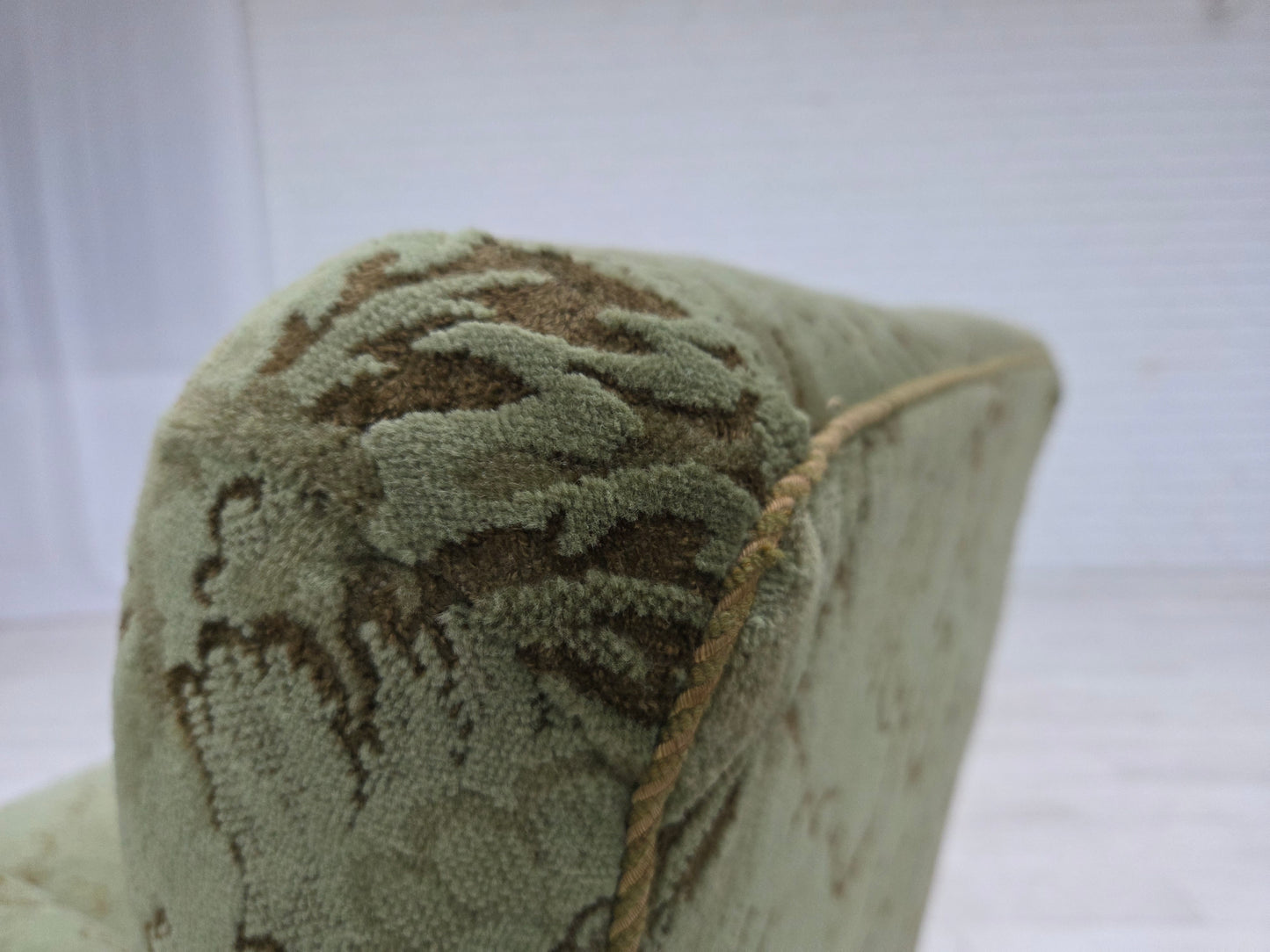 1950s, Danish armchair, green furniture velour, carved oak wood.