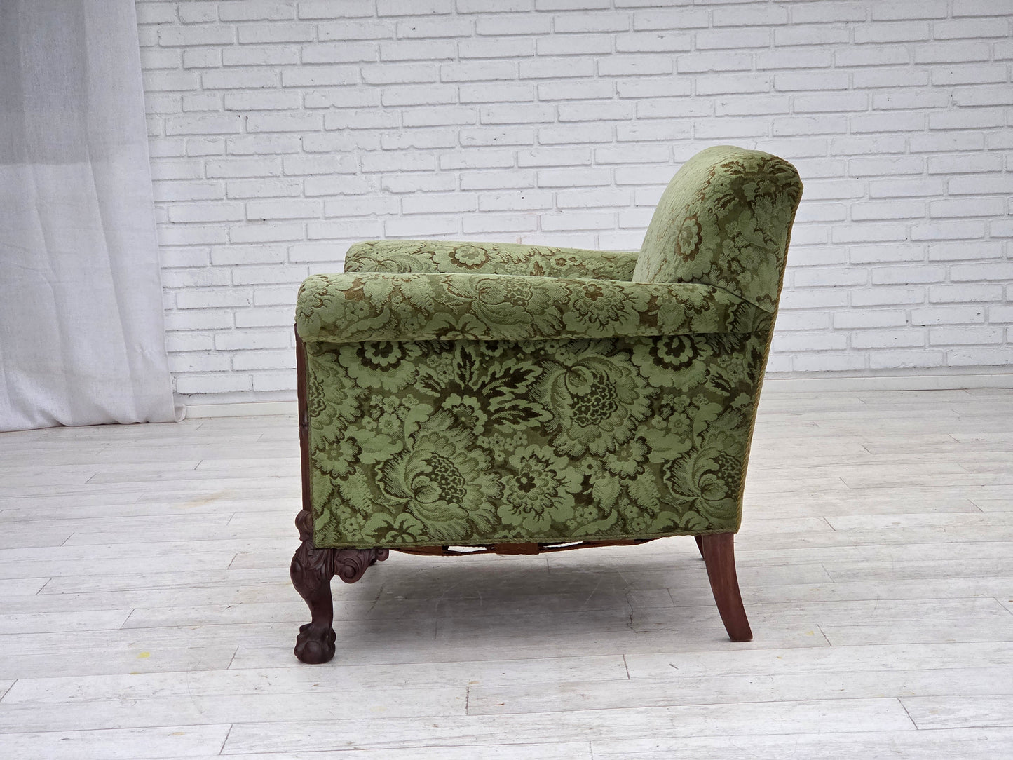 1950s, Danish armchair, green furniture velour, carved oak wood.