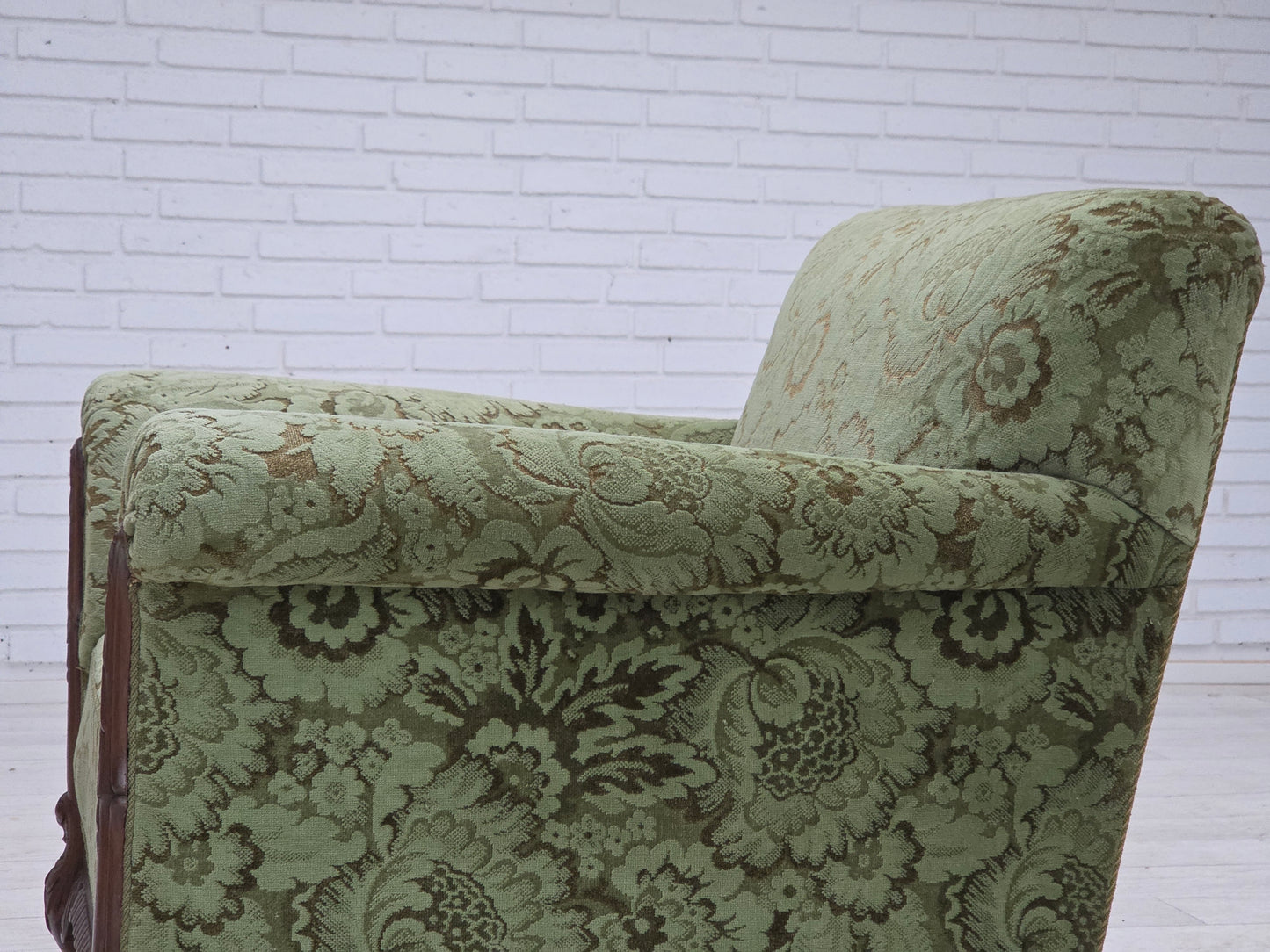 1950s, Danish armchair, green furniture velour, carved oak wood.