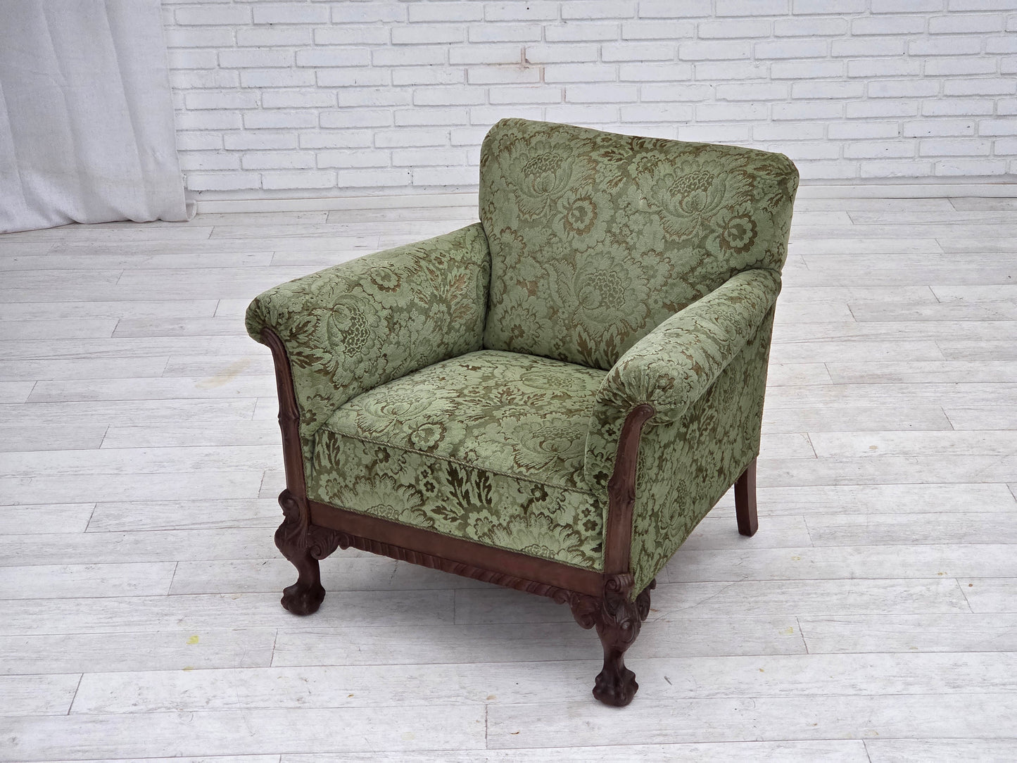 1950s, Danish armchair, green furniture velour, carved oak wood.