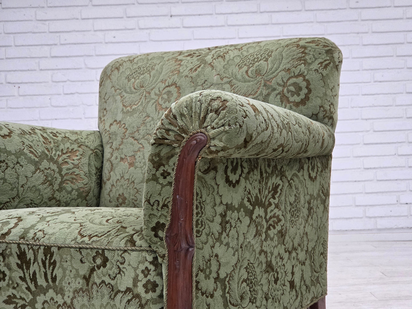 1950s, Danish armchair, green furniture velour, carved oak wood.