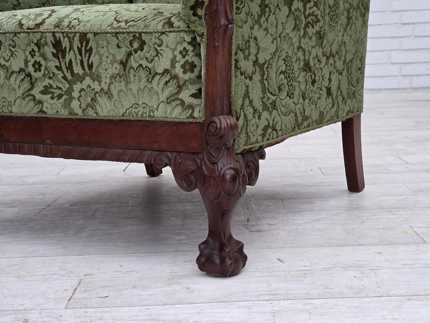 1950s, Danish armchair, green furniture velour, carved oak wood.