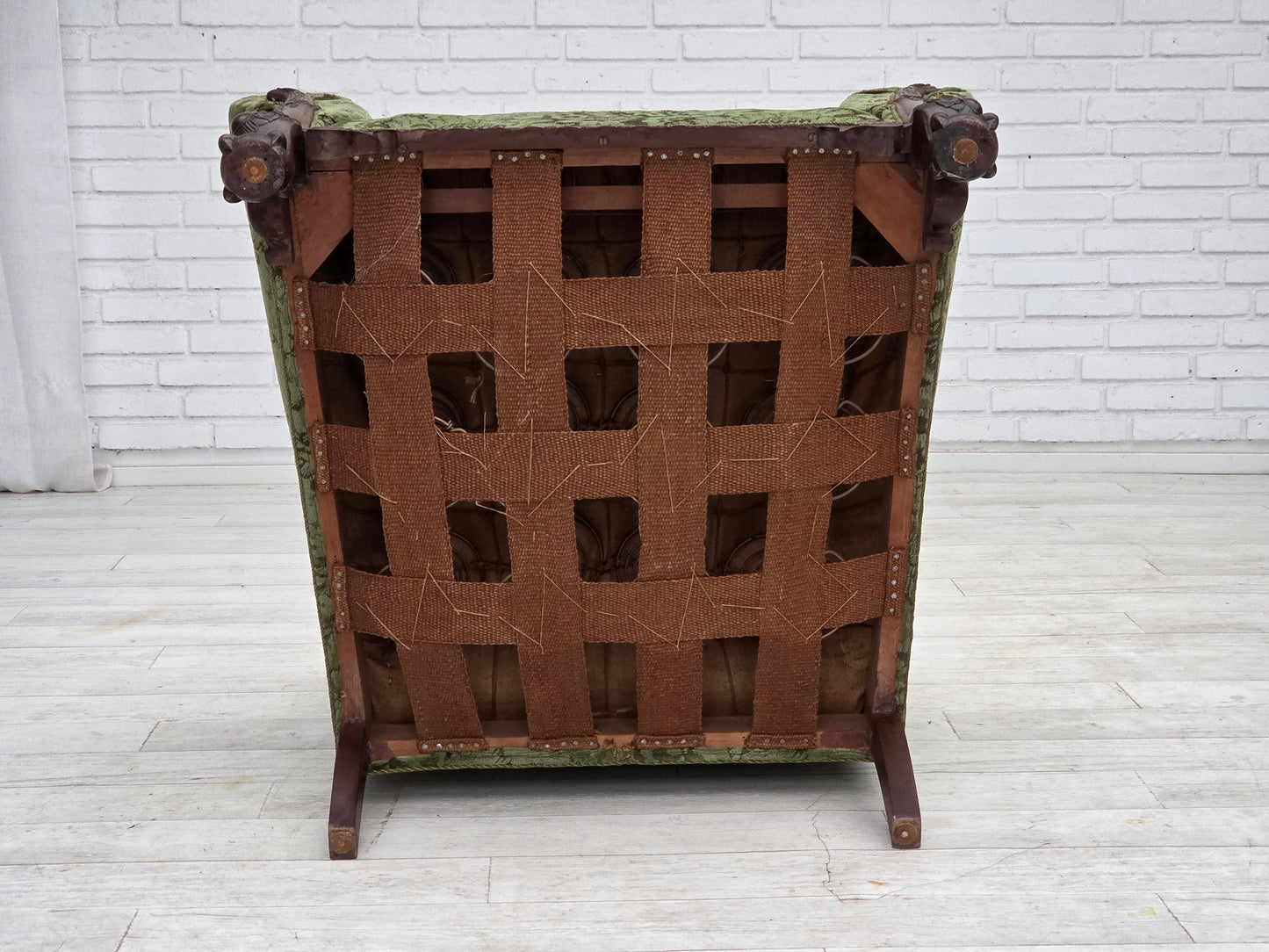 1950s, Danish armchair, green furniture velour, carved oak wood.