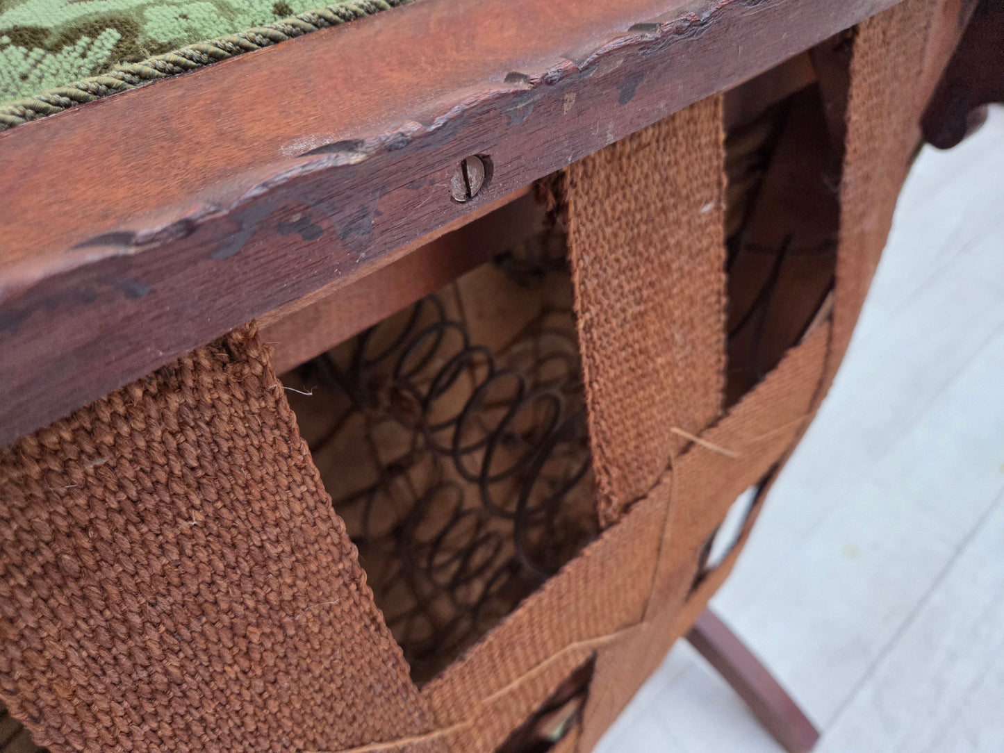 1950s, Danish armchair, green furniture velour, carved oak wood.