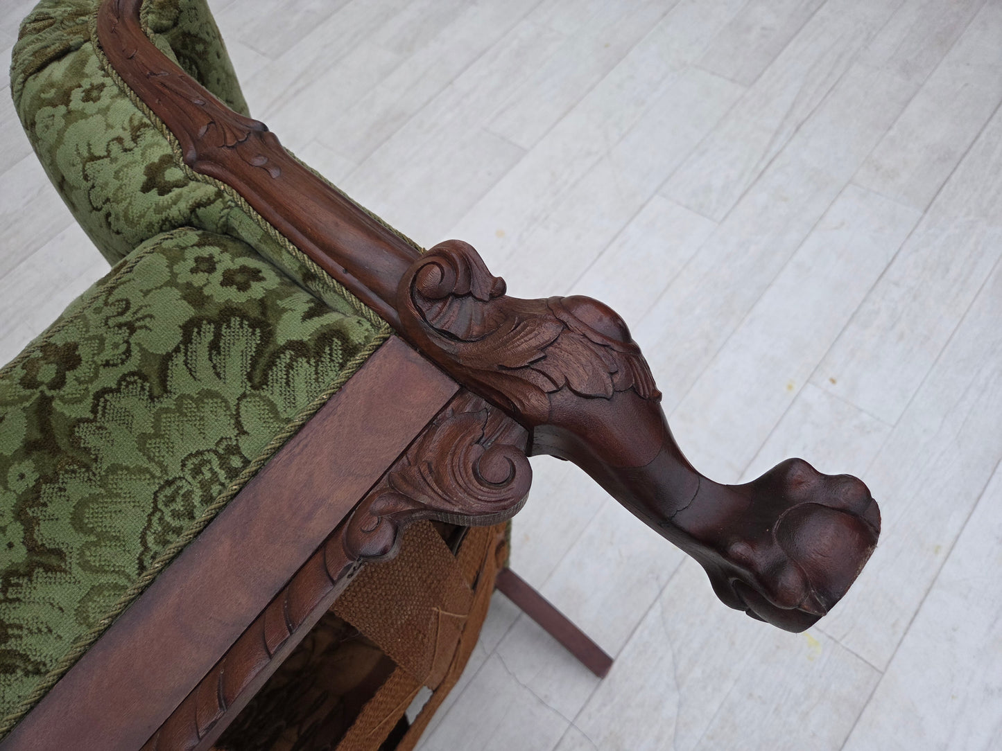 1950s, Danish armchair, green furniture velour, carved oak wood.