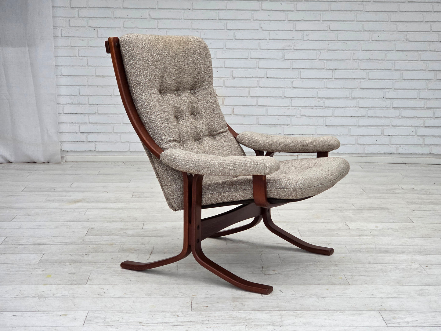 1970s, Norwegian design armchair, blend wool fabric, bent wood.