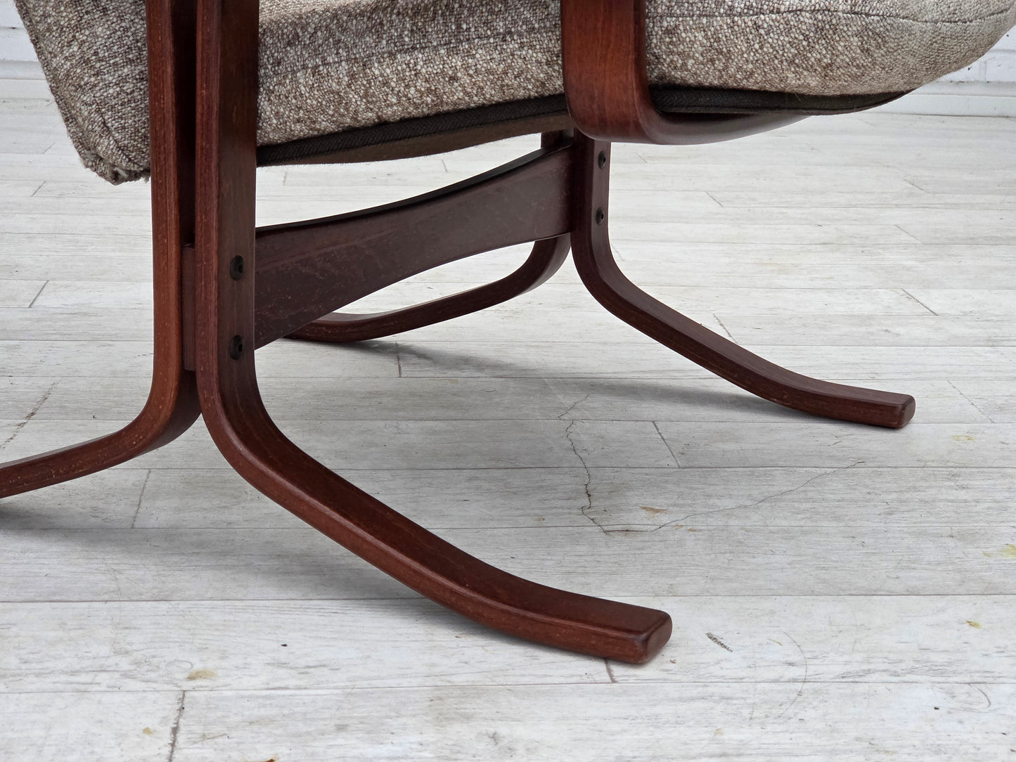 1970s, Norwegian design armchair, blend wool fabric, bent wood.