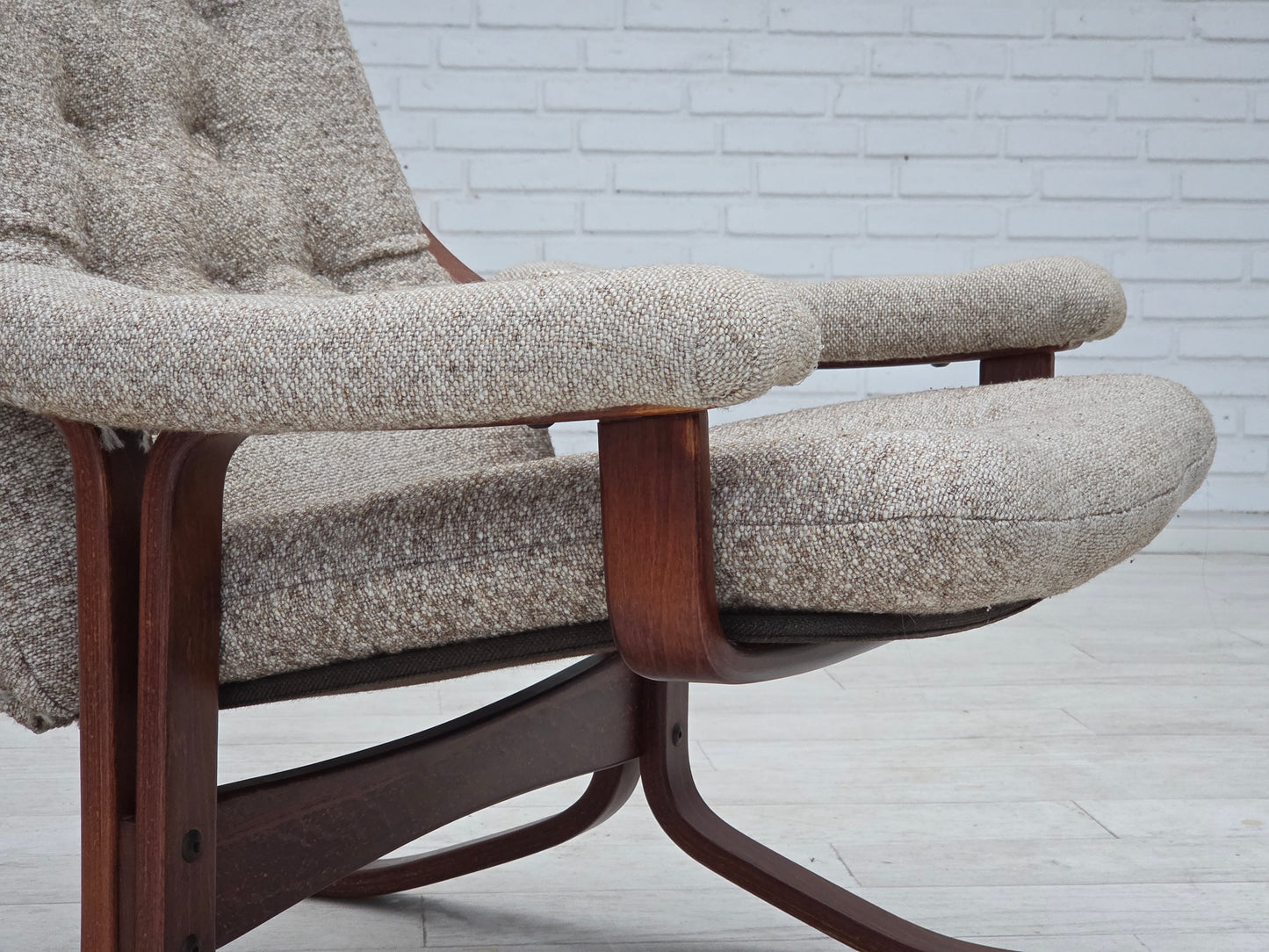 1970s, Norwegian design armchair, blend wool fabric, bent wood.