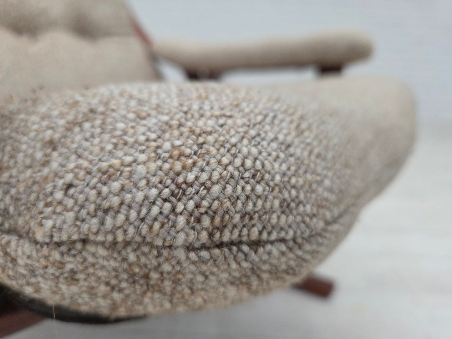 1970s, Norwegian design armchair, blend wool fabric, bent wood.