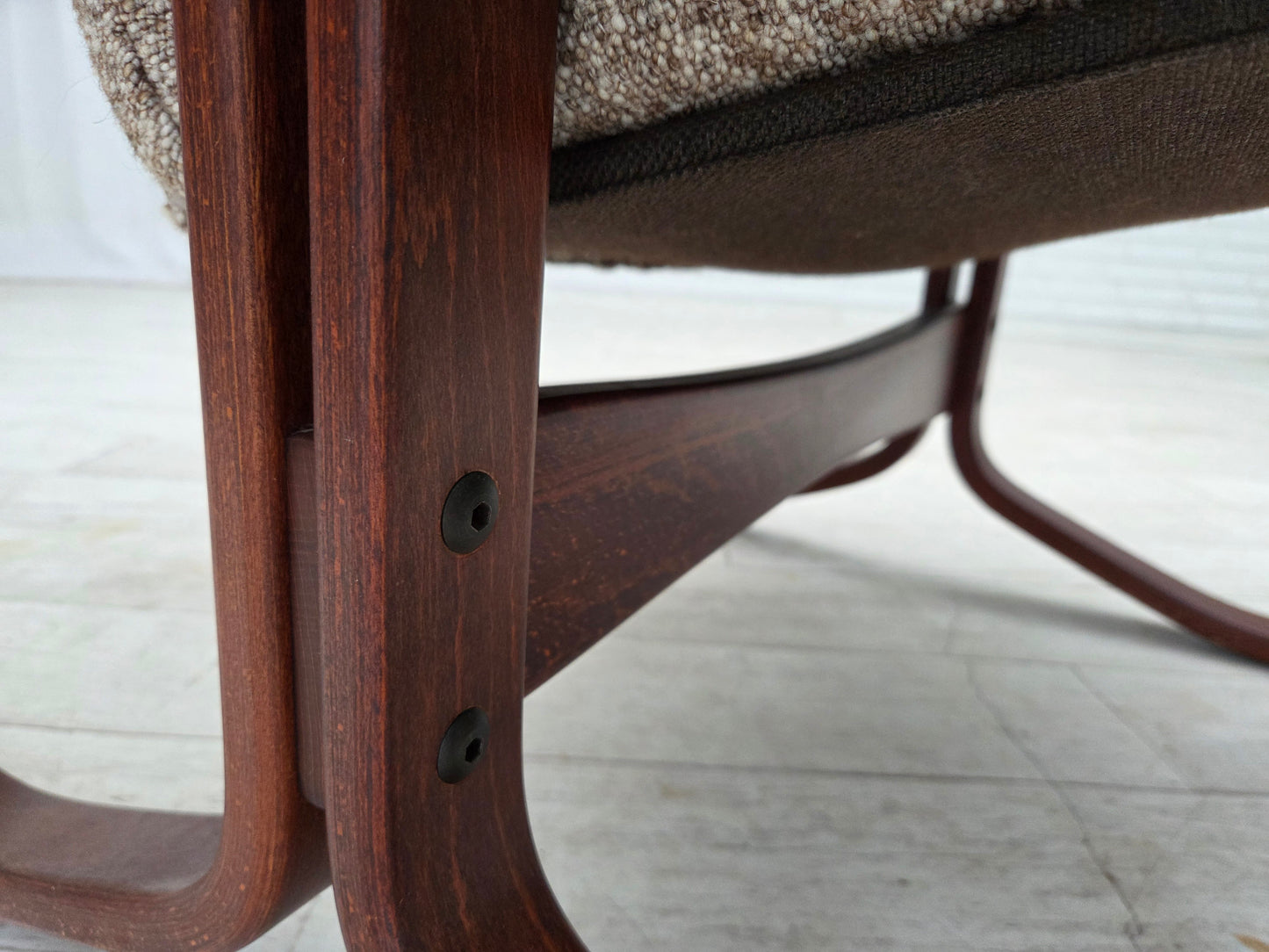 1970s, Norwegian design armchair, blend wool fabric, bent wood.