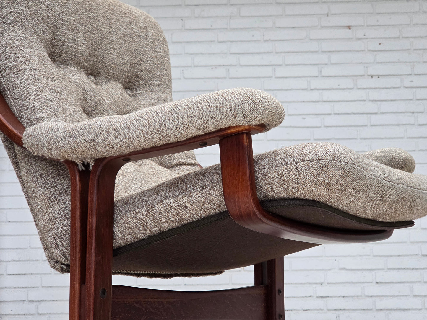 1970s, Norwegian design armchair, blend wool fabric, bent wood.
