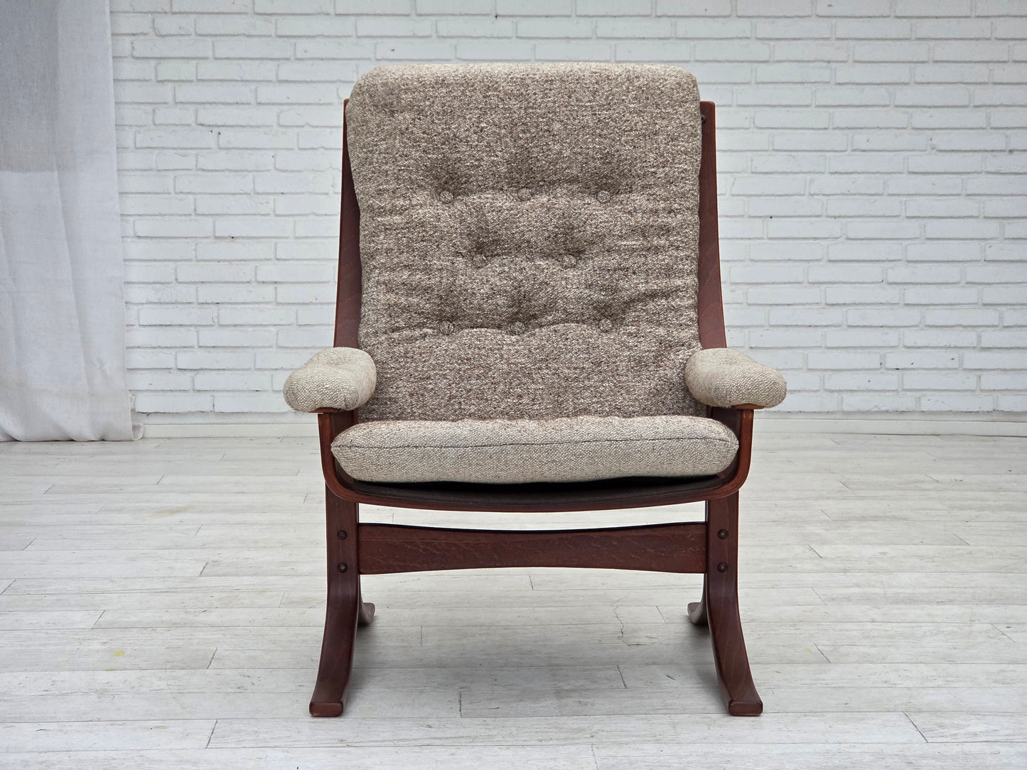 1970s, Norwegian design armchair, blend wool fabric, bent wood.