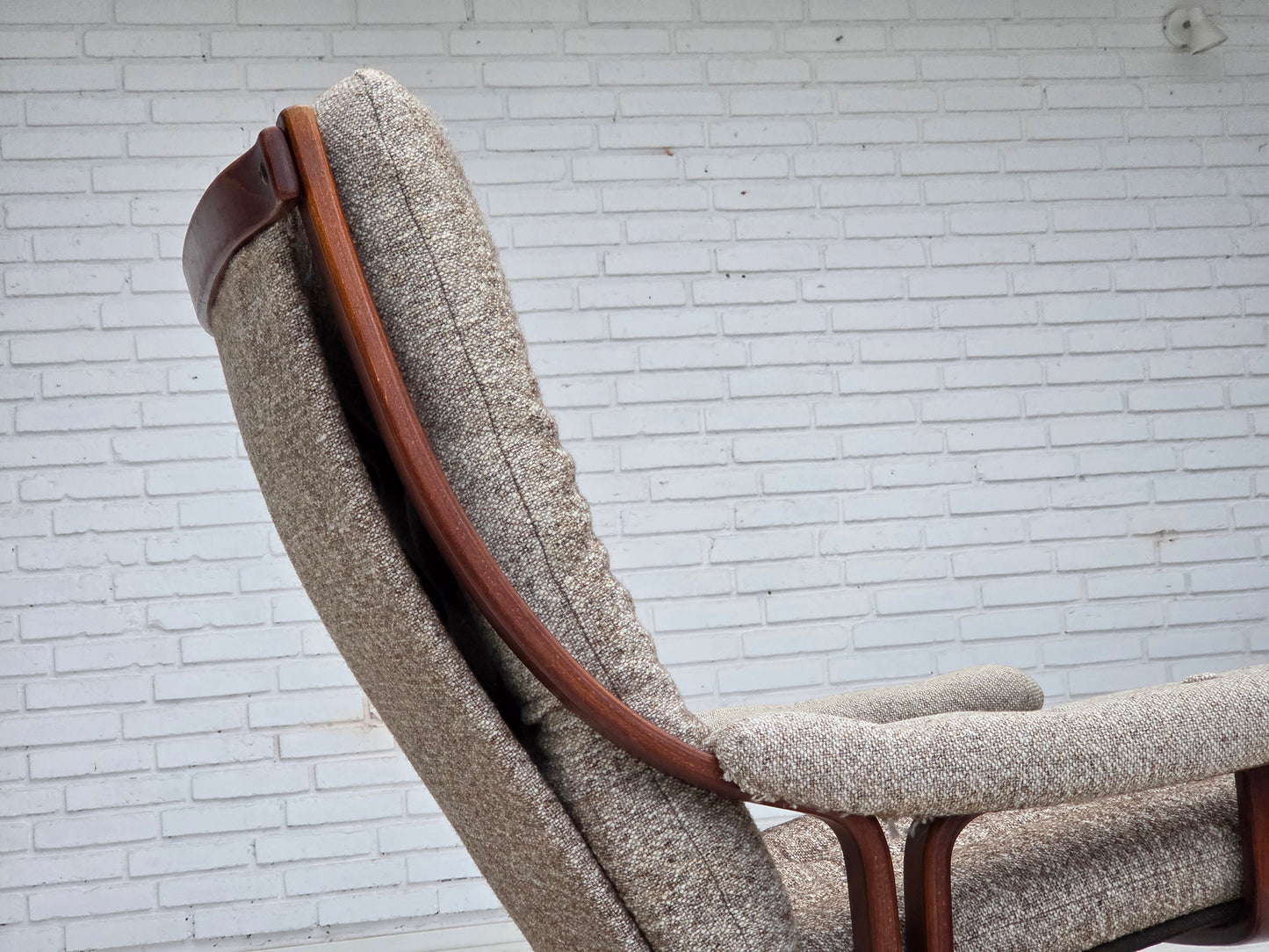 1970s, Norwegian design armchair, blend wool fabric, bent wood.