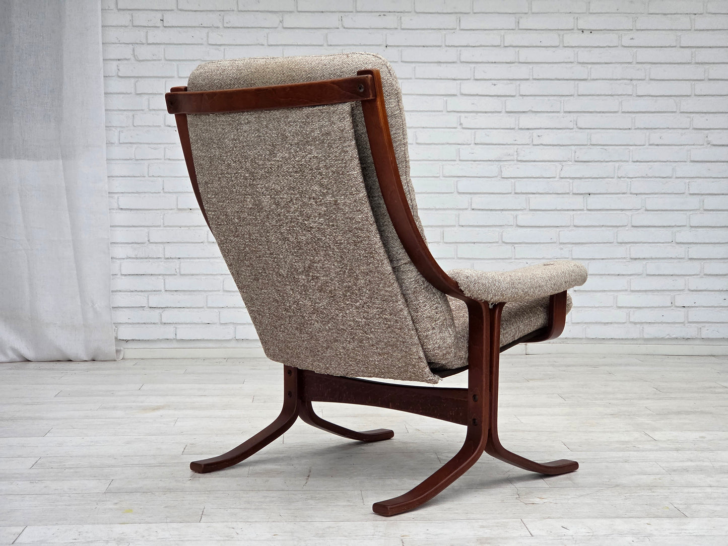 1970s, Norwegian design armchair, blend wool fabric, bent wood.