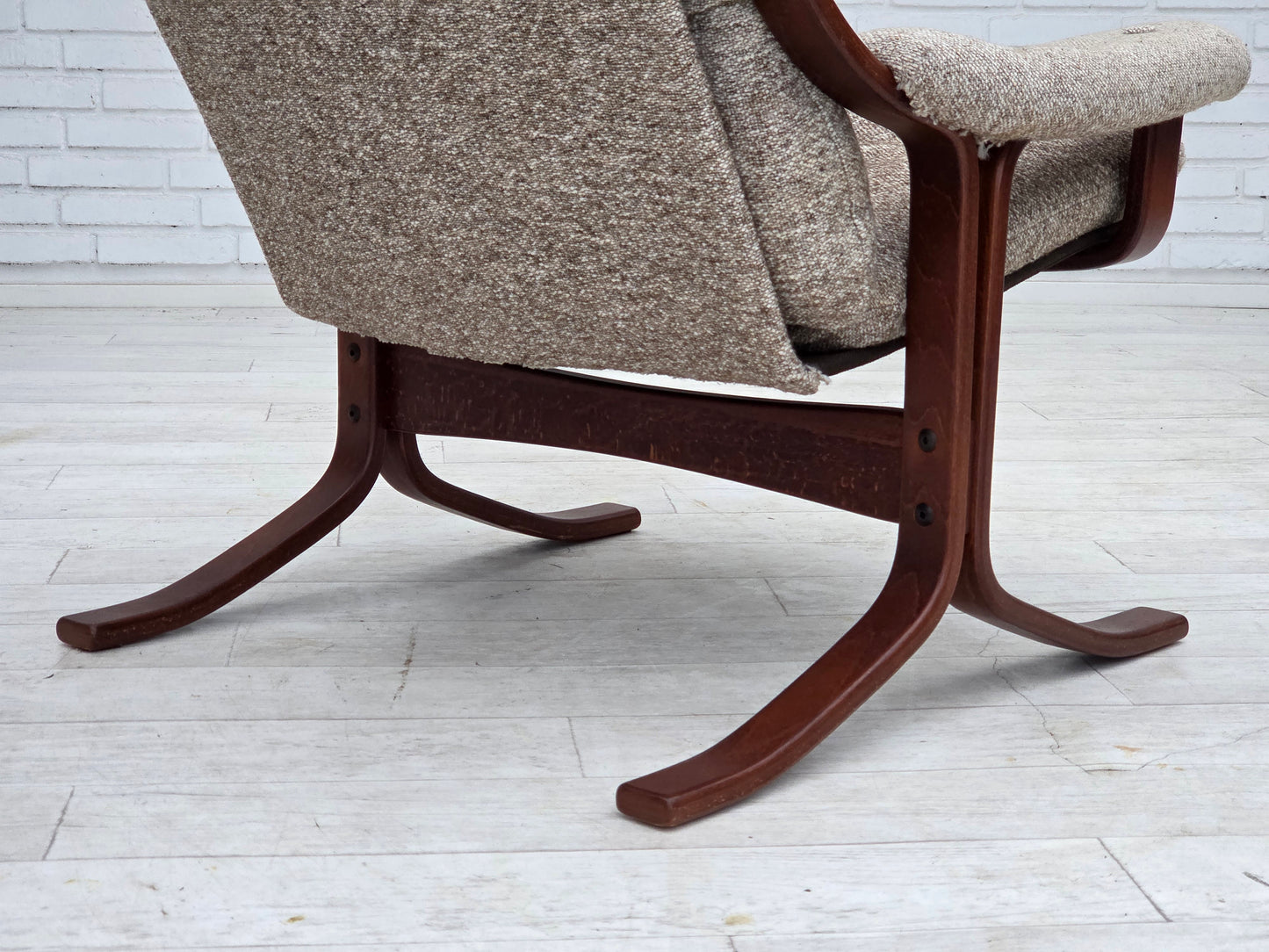 1970s, Norwegian design armchair, blend wool fabric, bent wood.