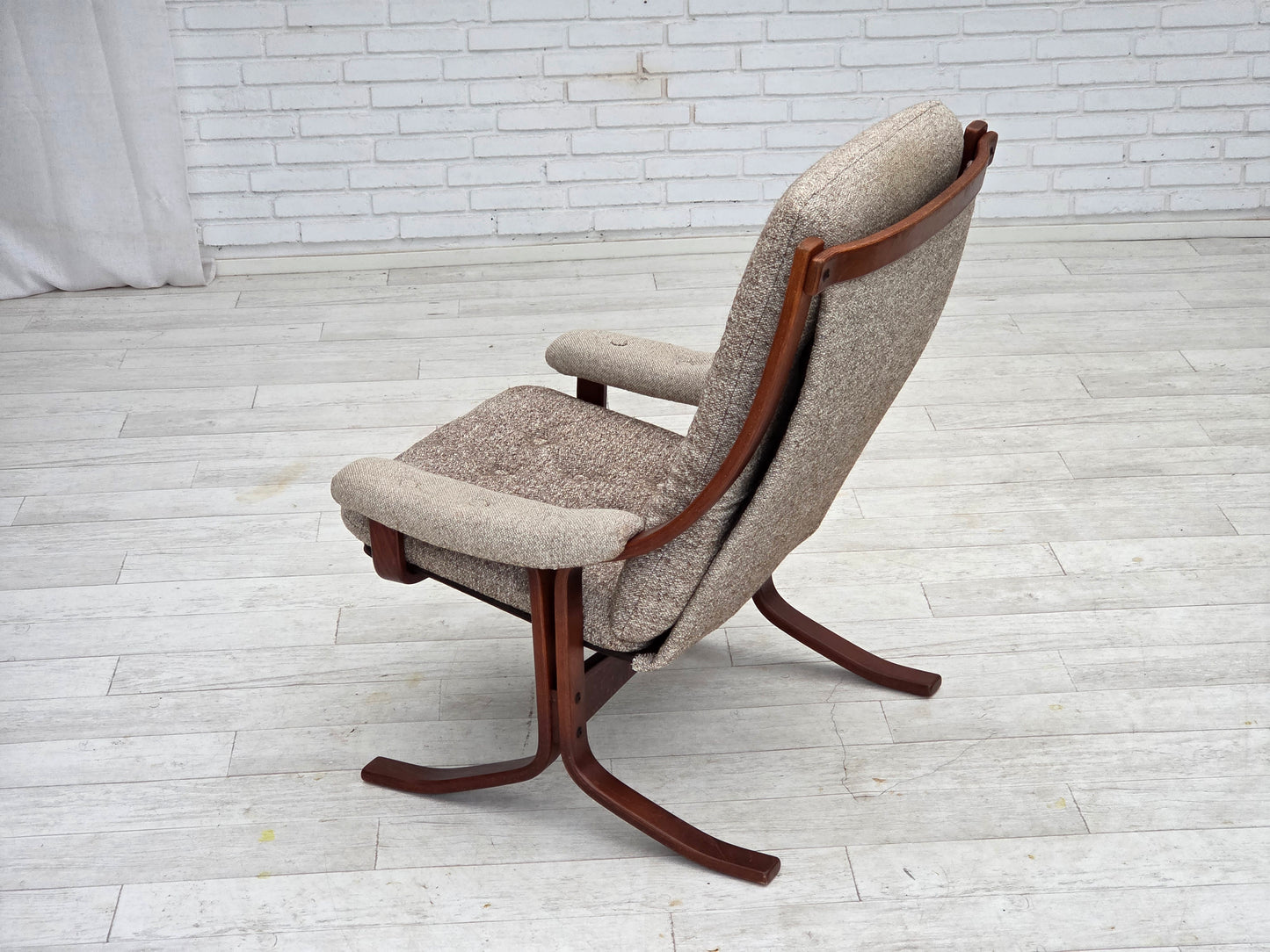 1970s, Norwegian design armchair, blend wool fabric, bent wood.