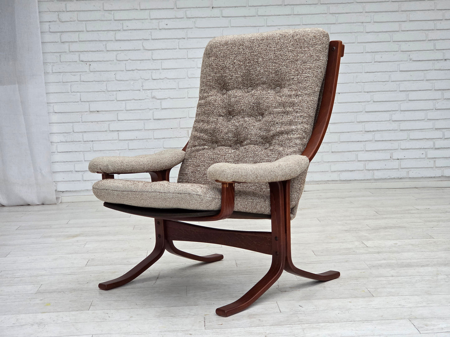 1970s, Norwegian design armchair, blend wool fabric, bent wood.