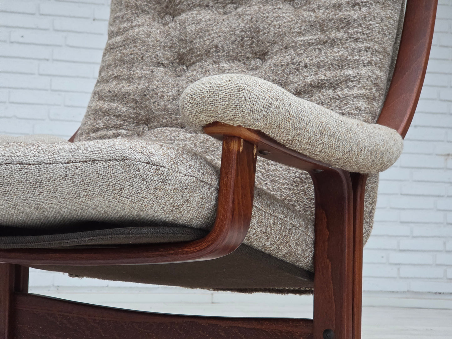 1970s, Norwegian design armchair, blend wool fabric, bent wood.