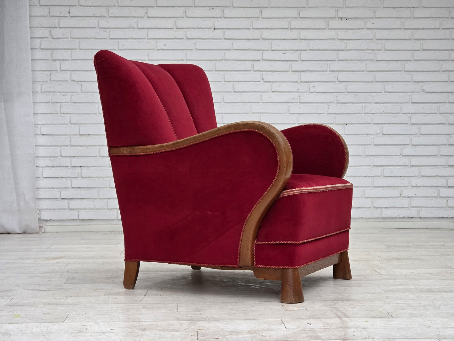 1960s, Danish armchair, red furniture velour, oak wood.