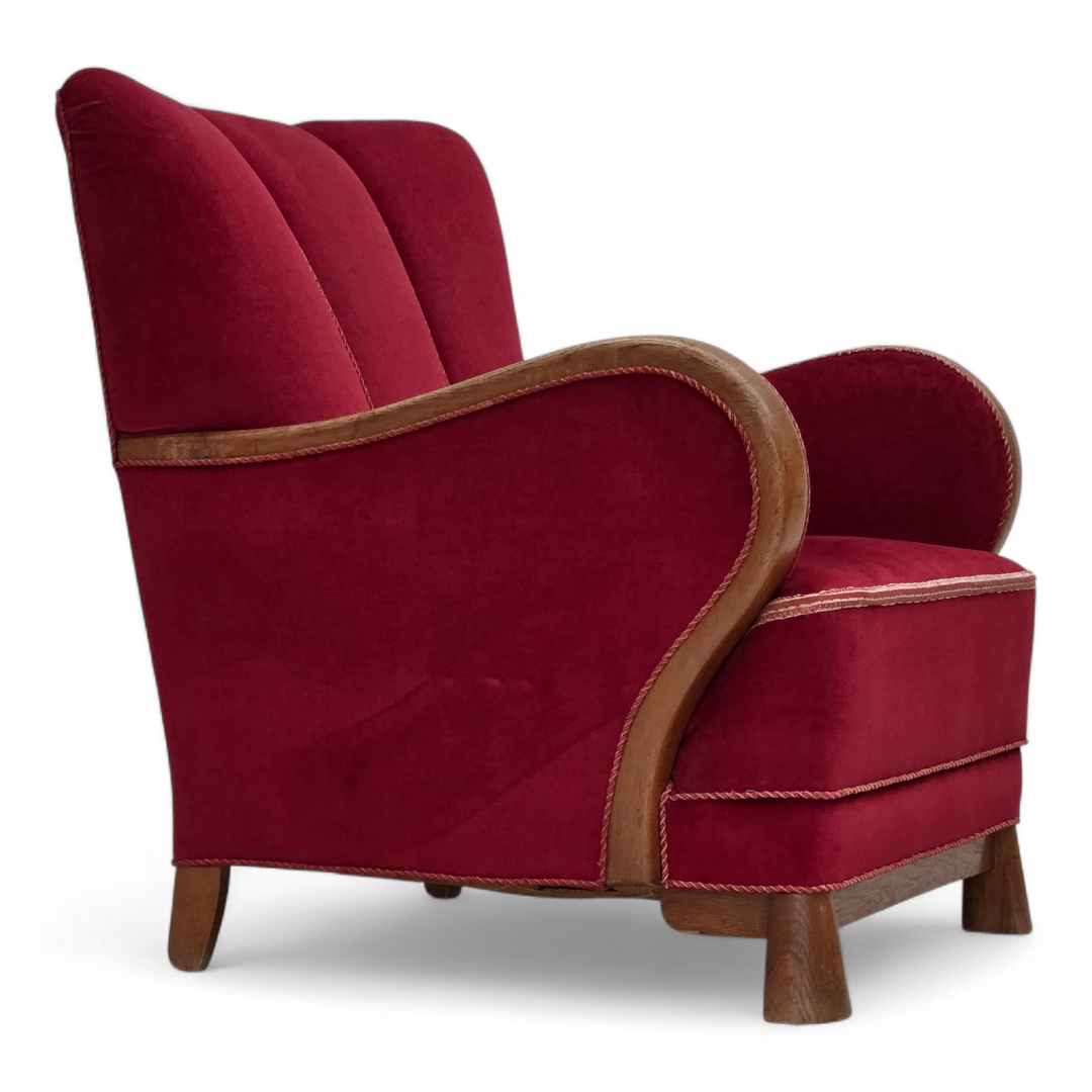 1960s, Danish armchair, red furniture velour, oak wood.