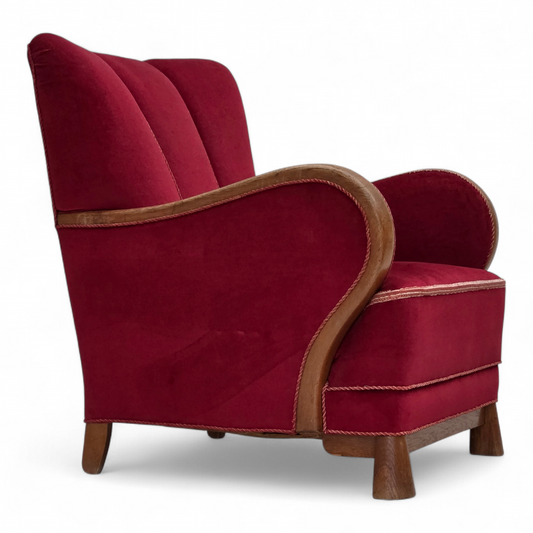 1960s, Danish armchair, red furniture velour, oak wood.